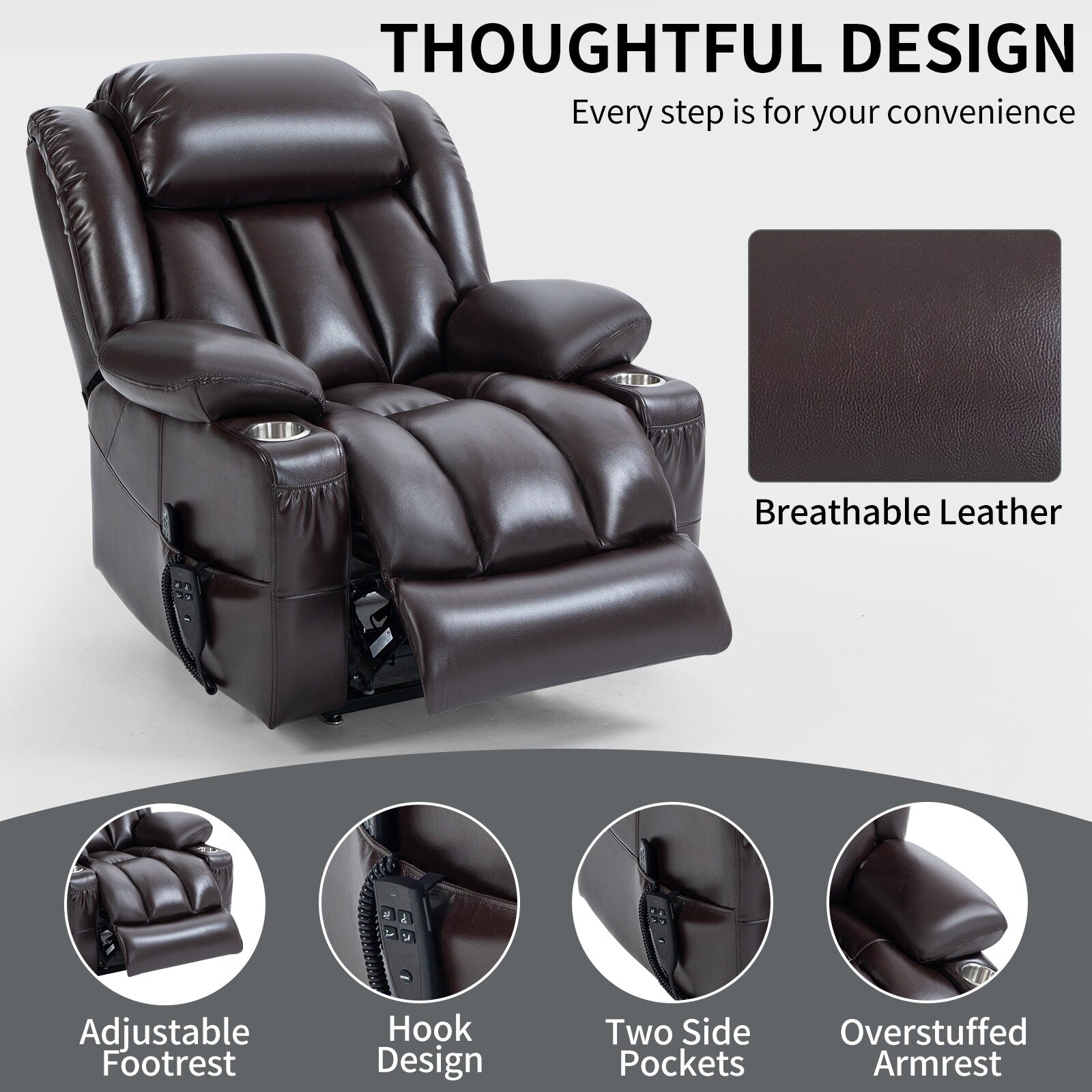 Fauteuil inclinable électrique Leatherair à double moteur, position infinie, jusqu'à 350 lb, mécanisme de mouvement robuste
