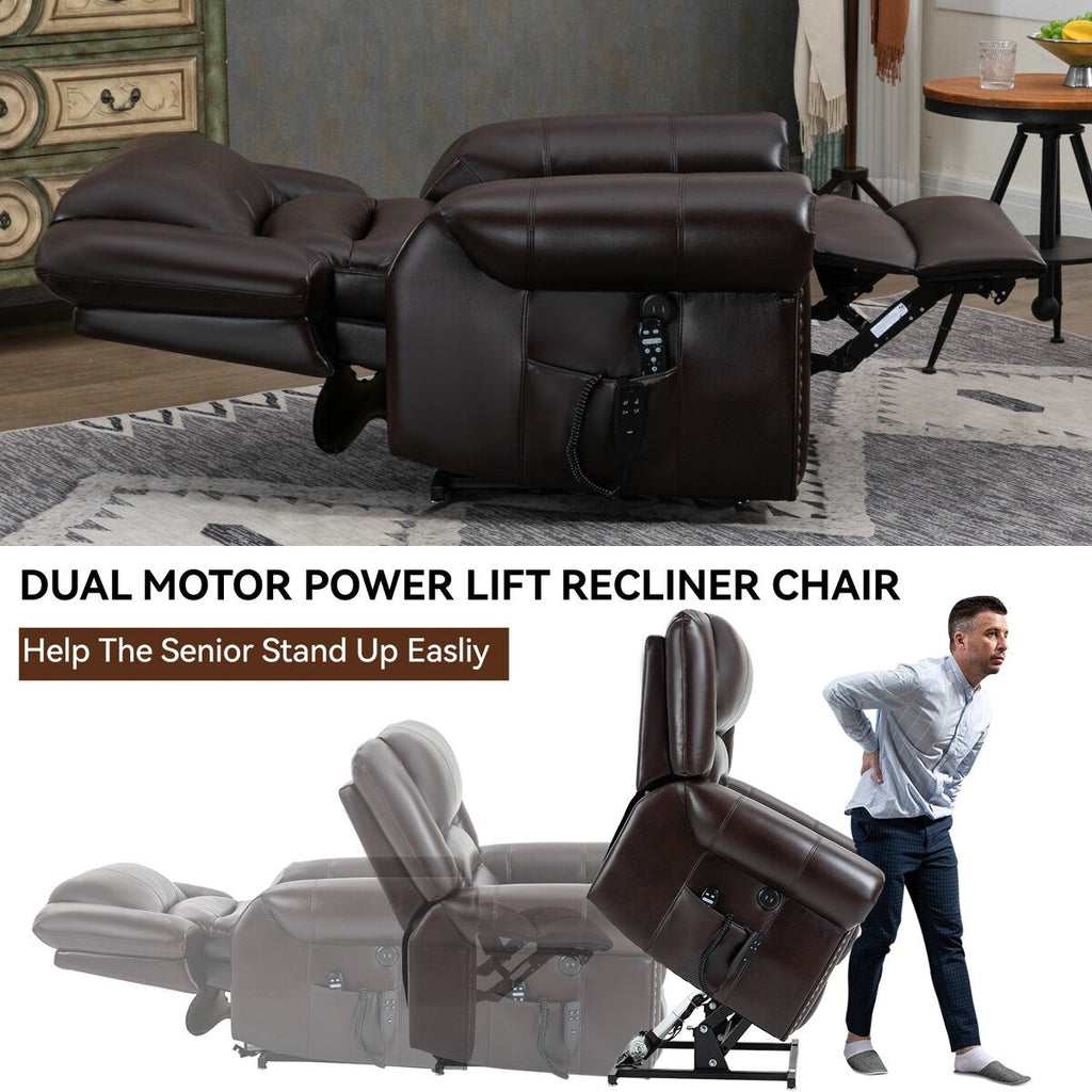 Fauteuil releveur électrique à double moteur, massage thermique, ports USB, cuir PU