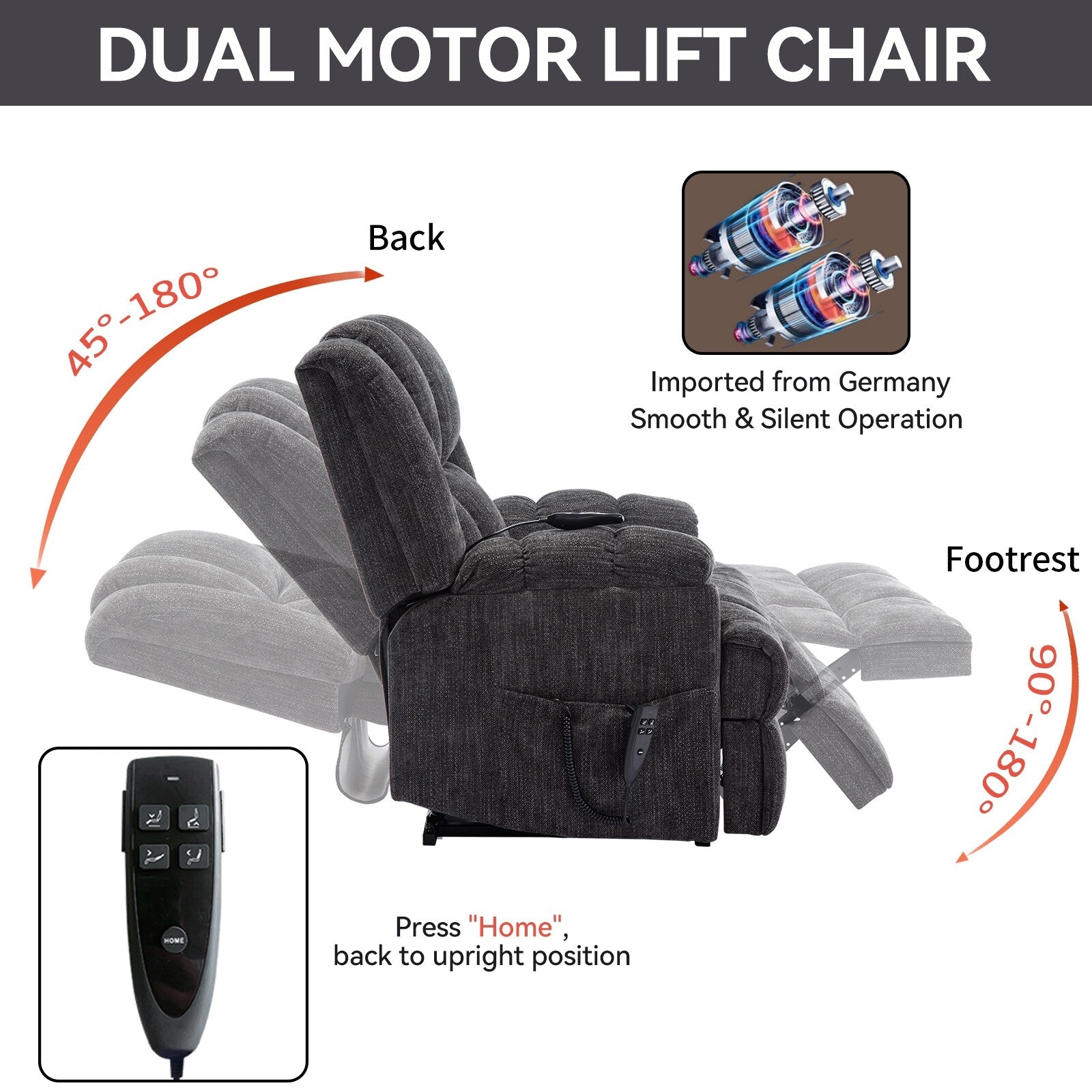 Fauteuil inclinable électrique à double moteur en chenille avec massage et chauffage, gris foncé