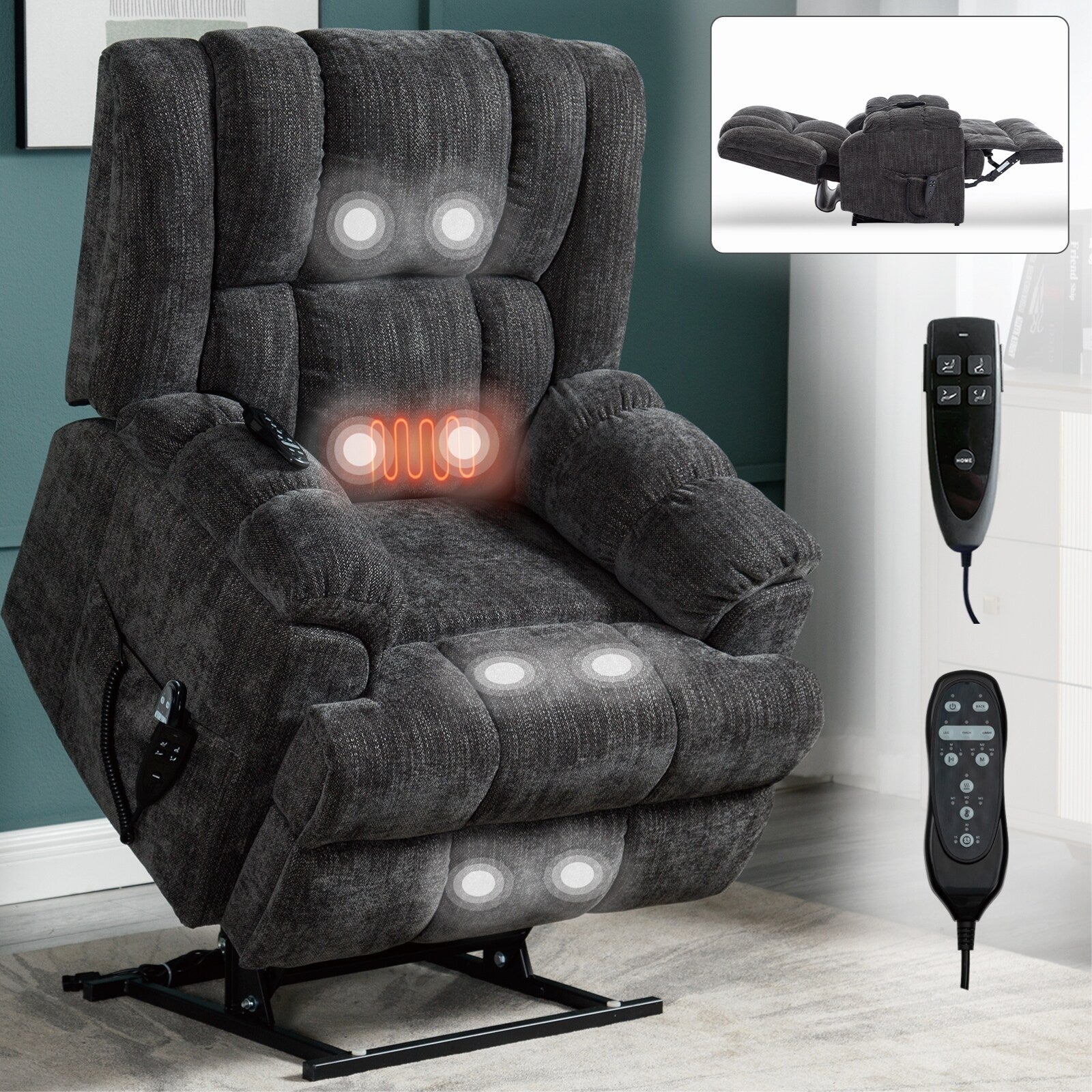 Fauteuil inclinable électrique à double moteur en chenille avec massage et chauffage, gris foncé