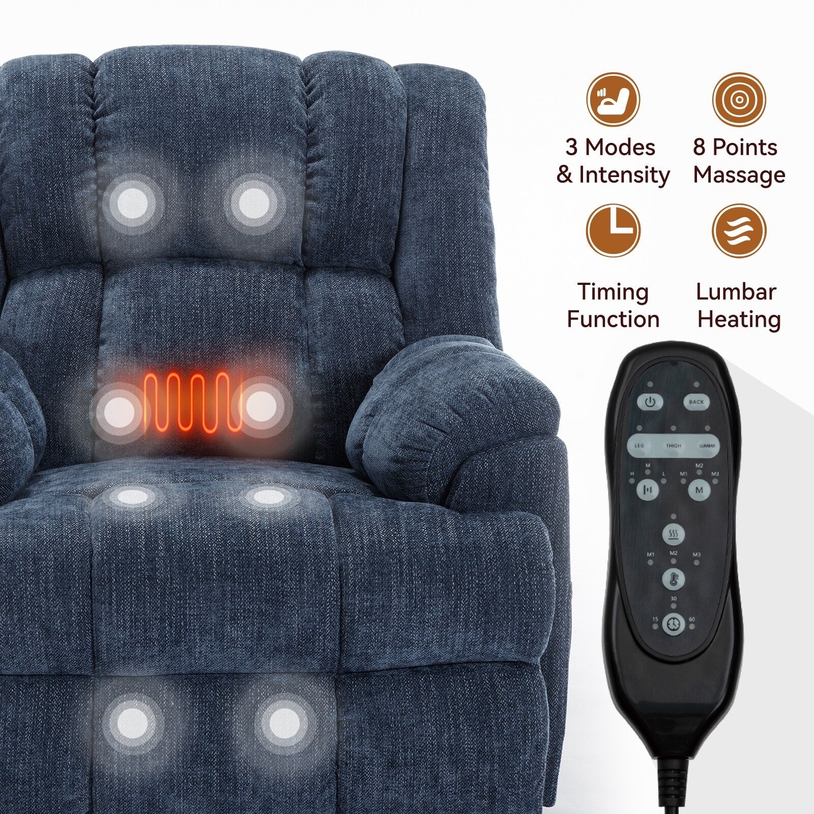 Fauteuil inclinable électrique à double moteur en chenille avec massage et chauffage, fauteuil inclinable de salon Lazy Boy avec télécommande électrique, position infinie