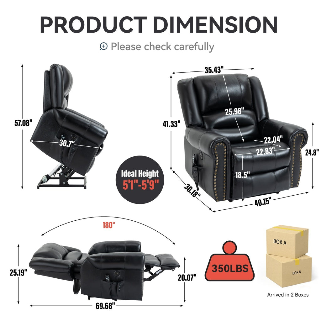 Fauteuil inclinable en cuir véritable à double moteur avec massage thermique et ports USB
