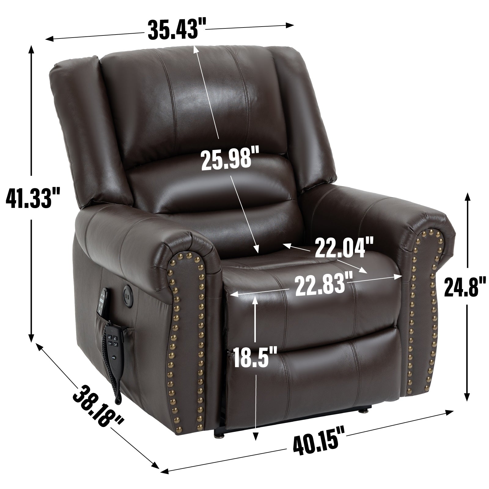 Fauteuil inclinable en cuir véritable à double moteur avec massage thermique et ports USB