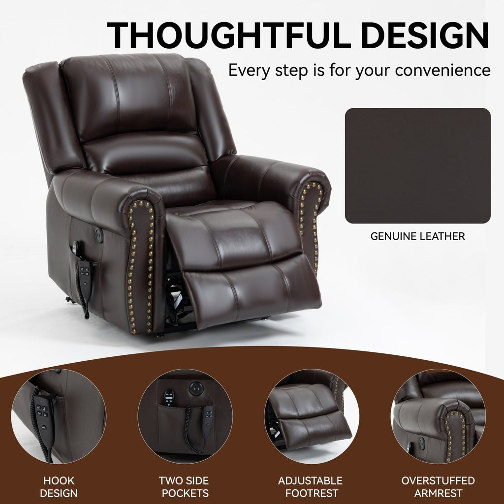 Fauteuil inclinable en cuir véritable à double moteur avec massage thermique et ports USB