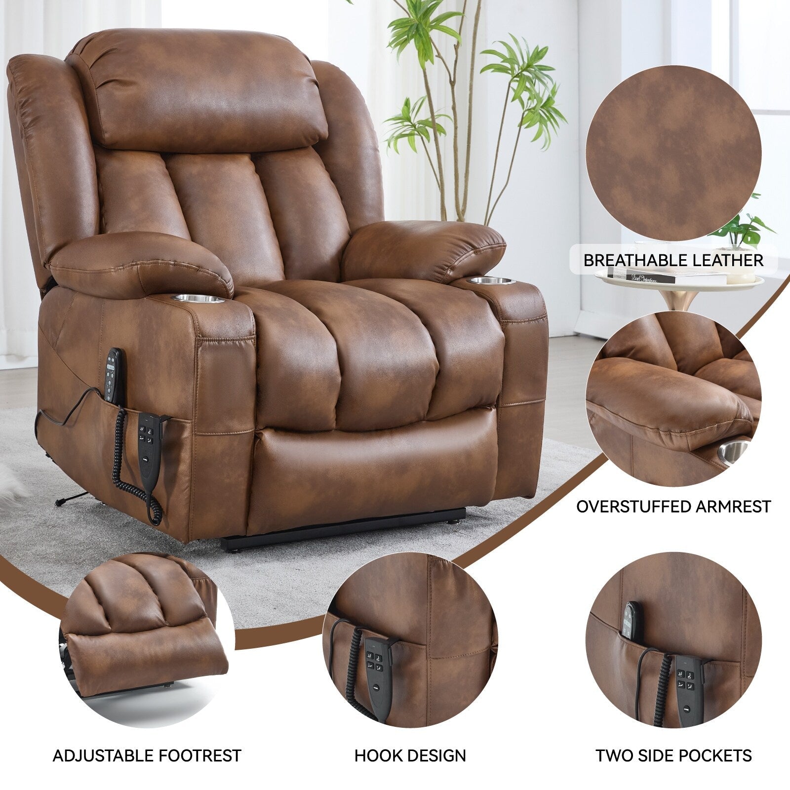 Fauteuil inclinable électrique à double moteur, capacité de 158 kg, avec chauffage et massage, marron