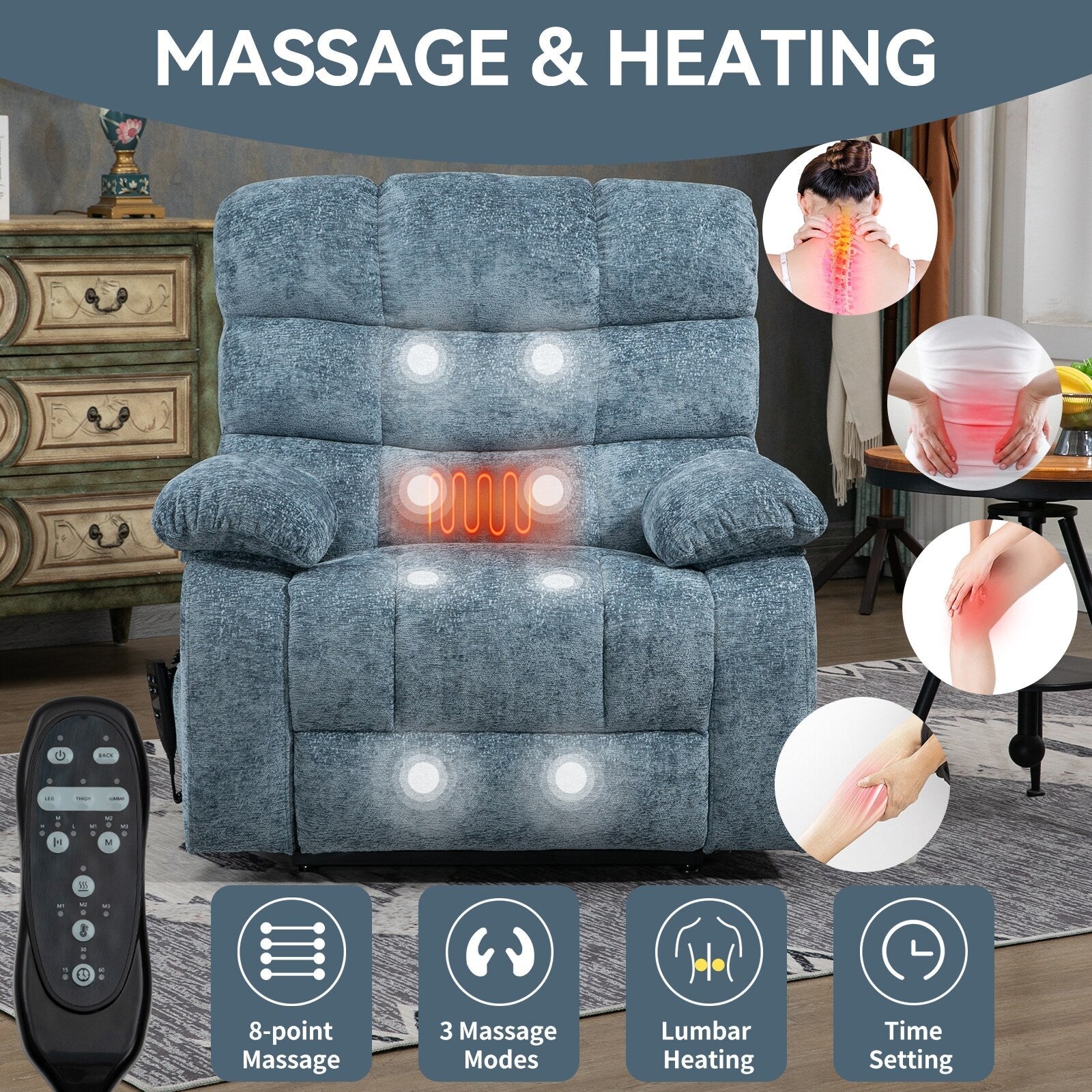 Fauteuil inclinable électrique à double moteur avec chauffage et massage, positions infinies et télécommande, capacité jusqu'à 159 kg