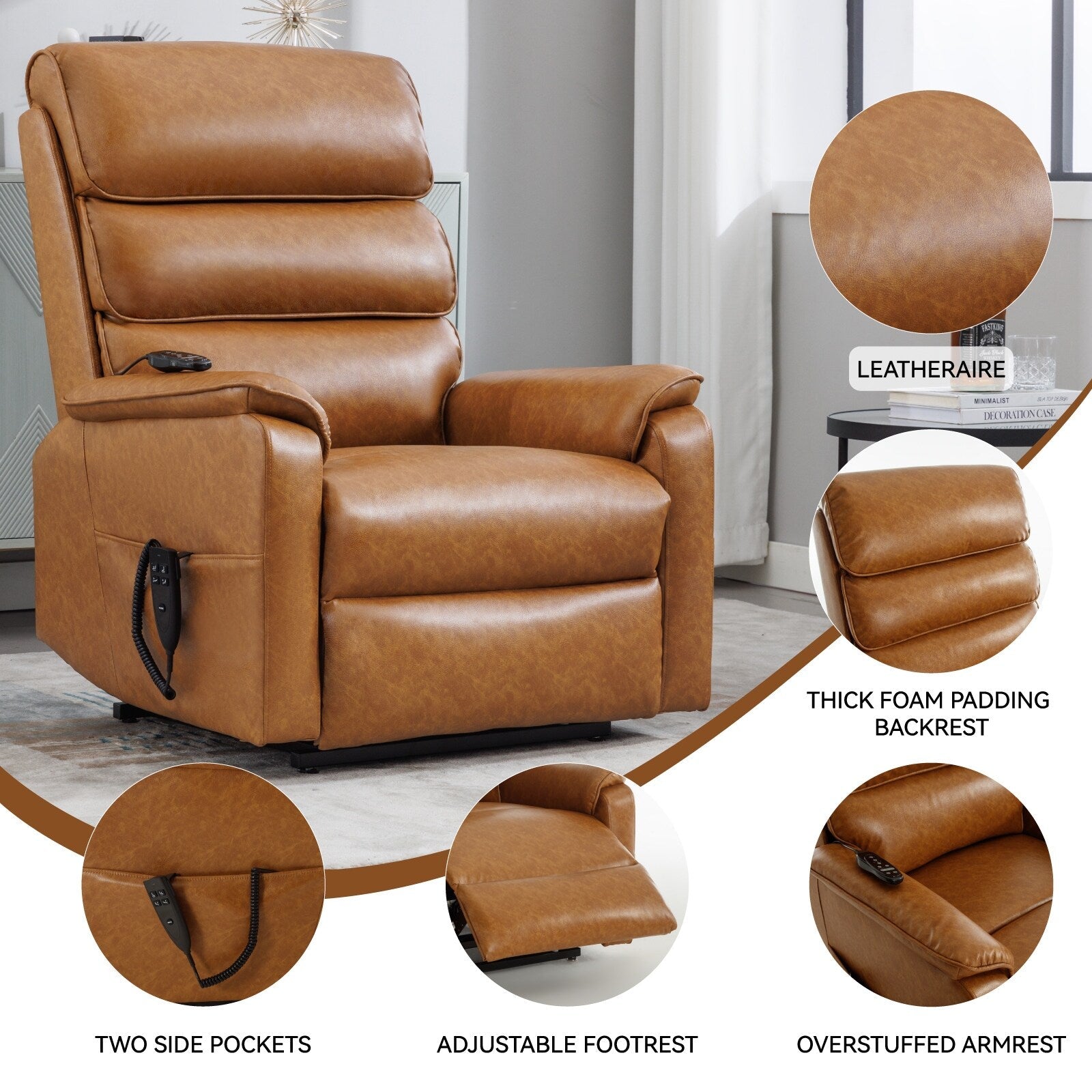 Fauteuil inclinable électrique à double moteur avec massage et chauffage - Cuir résistant aux chats, inclinaison électrique, télécommande