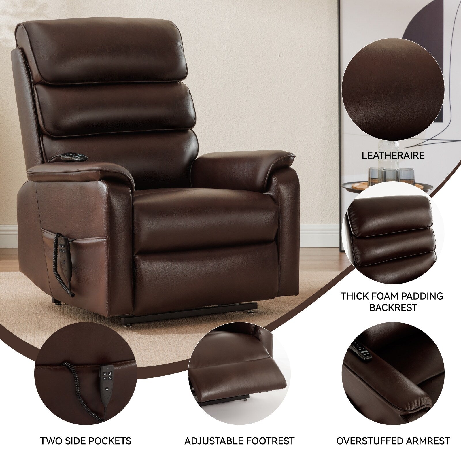 Fauteuil inclinable électrique à double moteur avec massage et chauffage - Cuir résistant aux chats, inclinaison électrique, télécommande