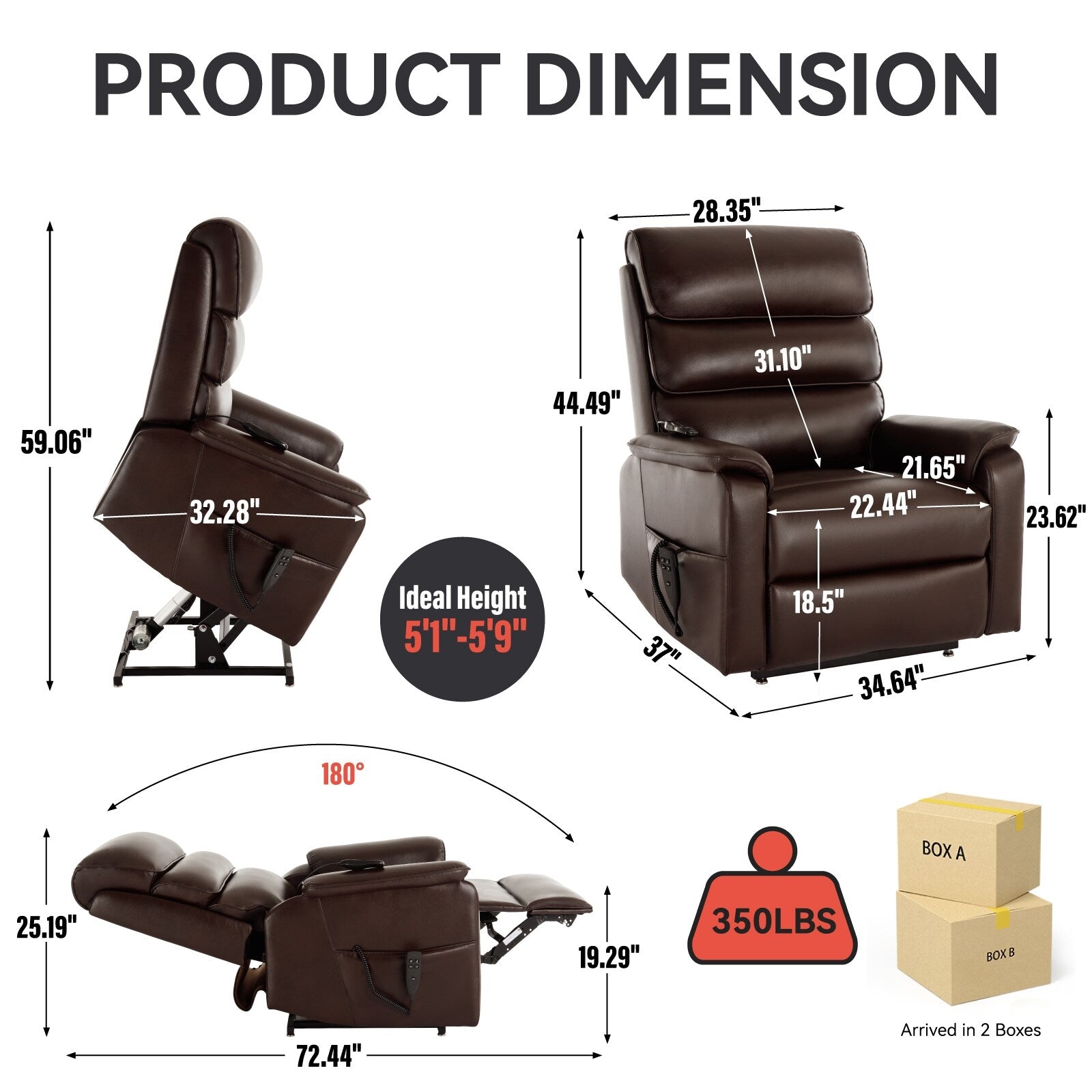 Fauteuil inclinable électrique à double moteur avec massage et chauffage - Cuir résistant aux chats, inclinaison électrique, télécommande
