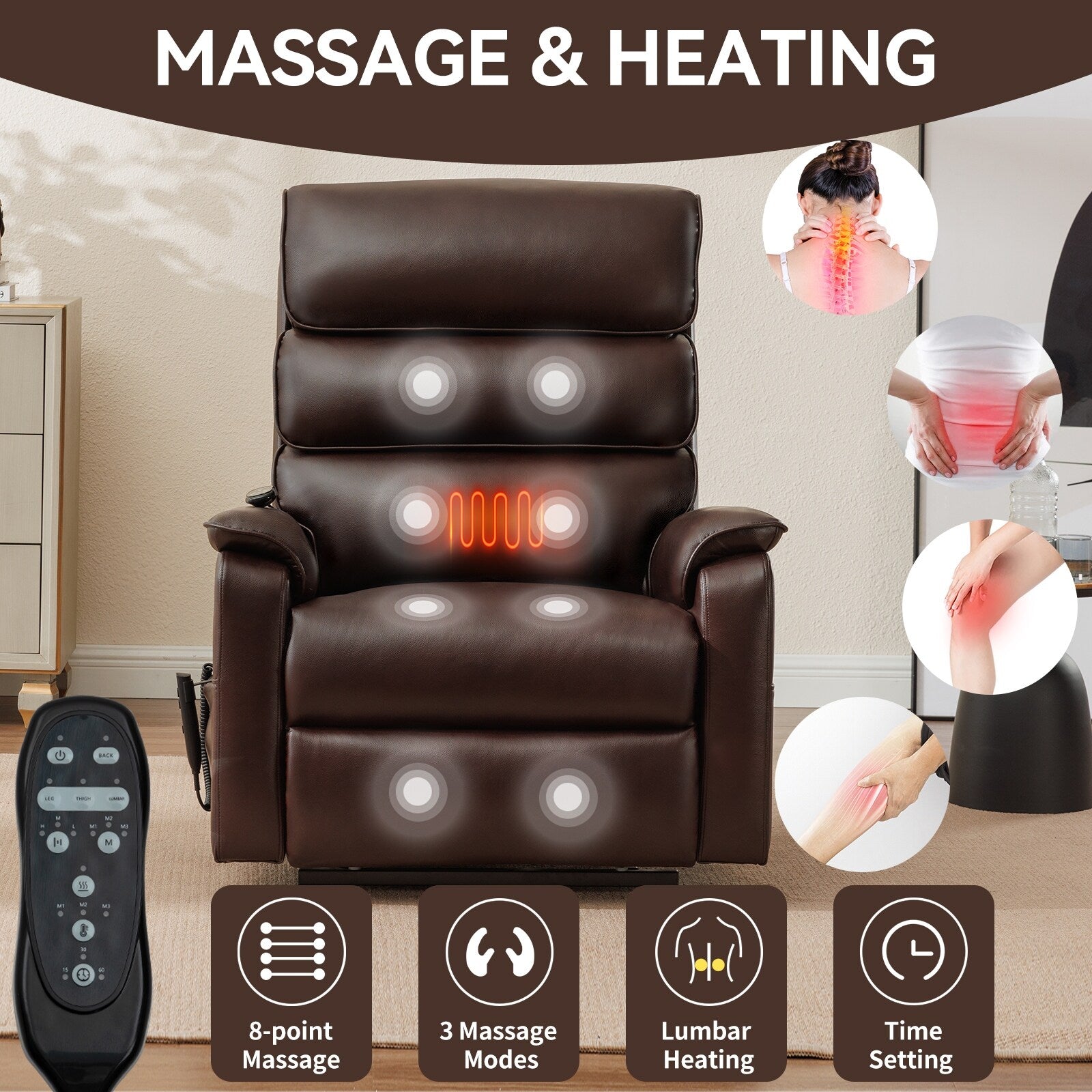 Fauteuil inclinable électrique à double moteur avec massage et chauffage - Cuir résistant aux chats, inclinaison électrique, télécommande