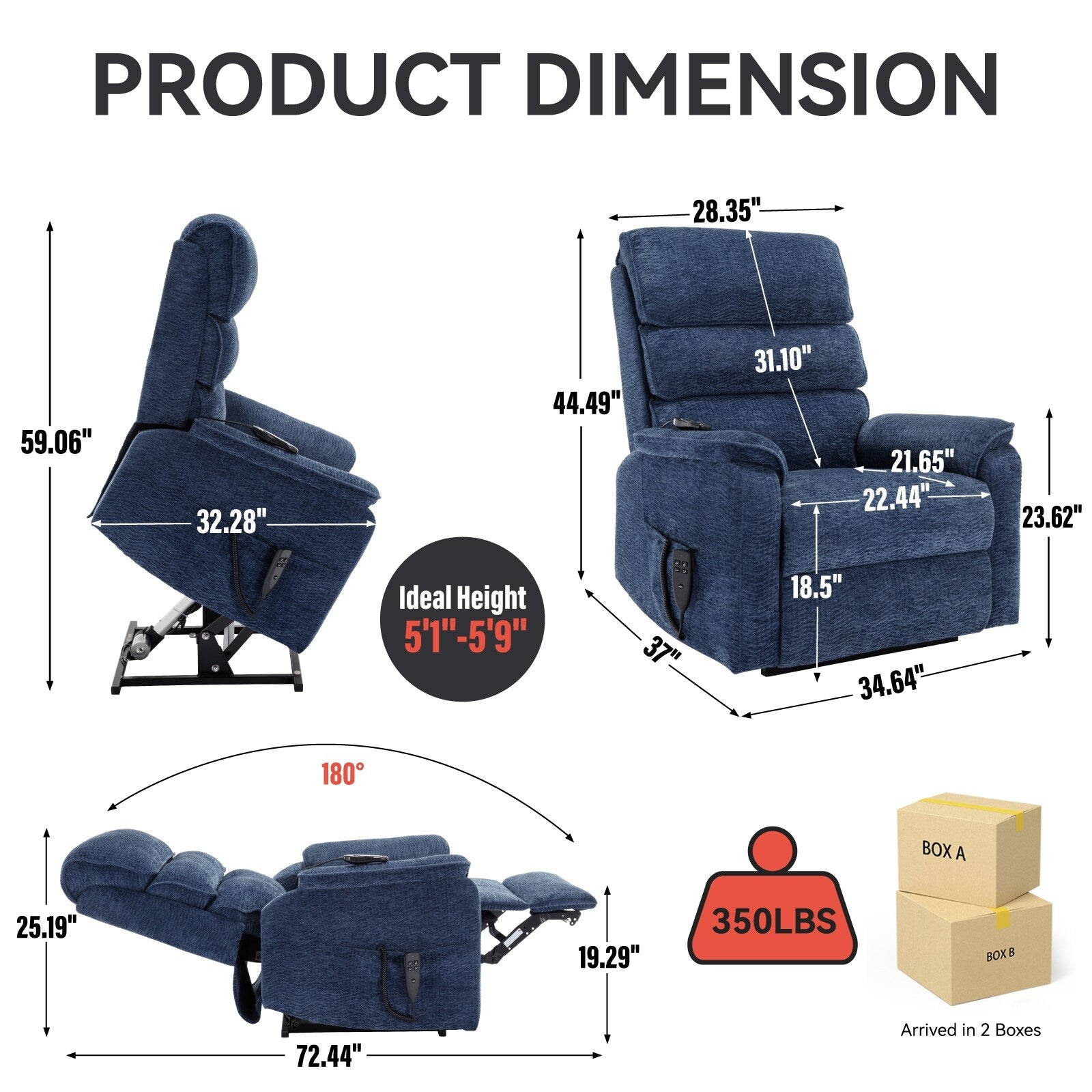 Fauteuil inclinable électrique à double moteur avec massage et chauffage lombaire - Tissu chenille, inclinaison électrique