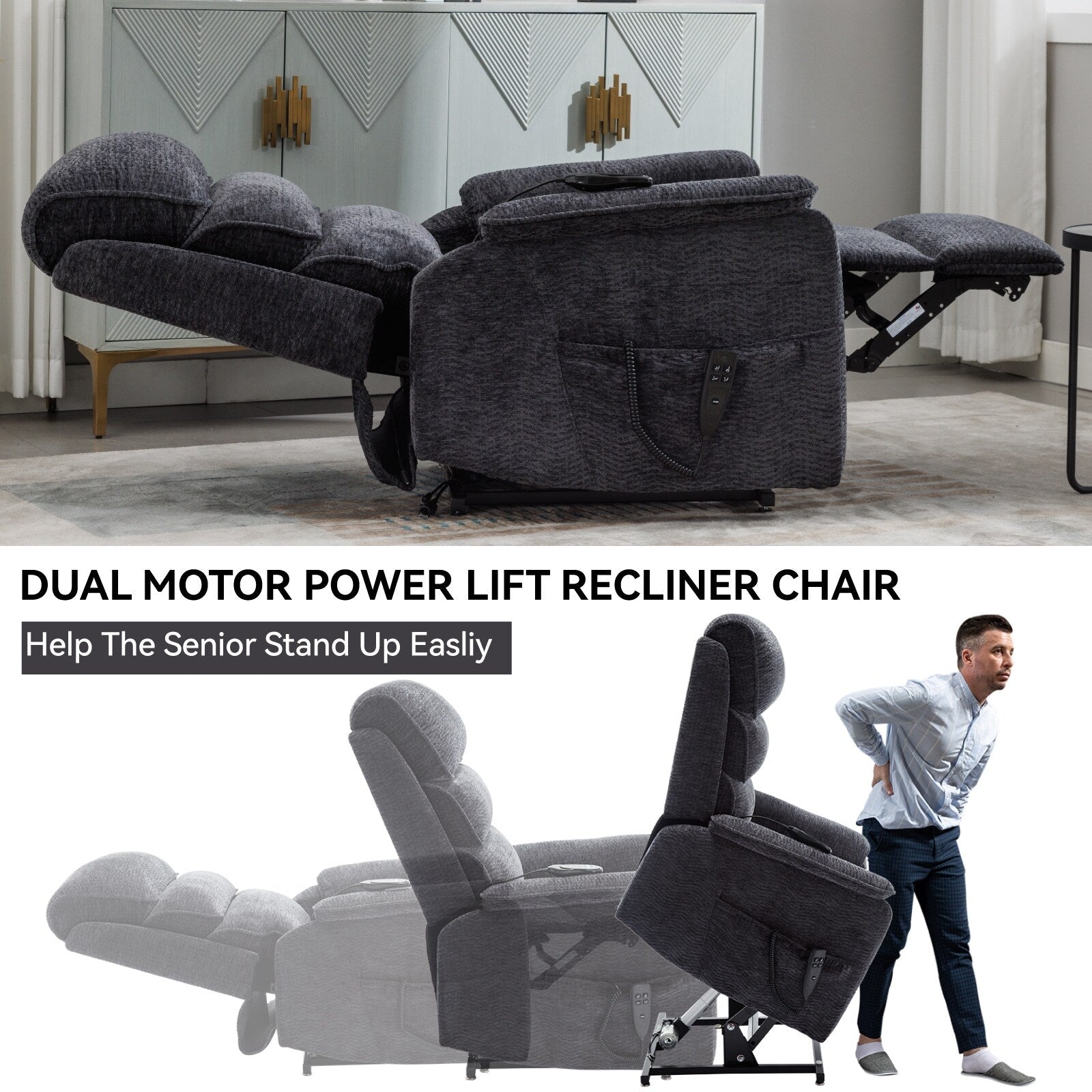 Fauteuil inclinable électrique à double moteur avec massage et chauffage lombaire - Tissu chenille, inclinaison électrique