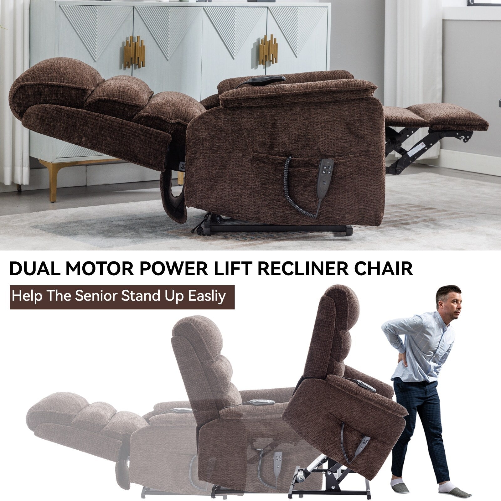 Fauteuil inclinable électrique à double moteur avec massage et chauffage lombaire - Tissu chenille, inclinaison électrique