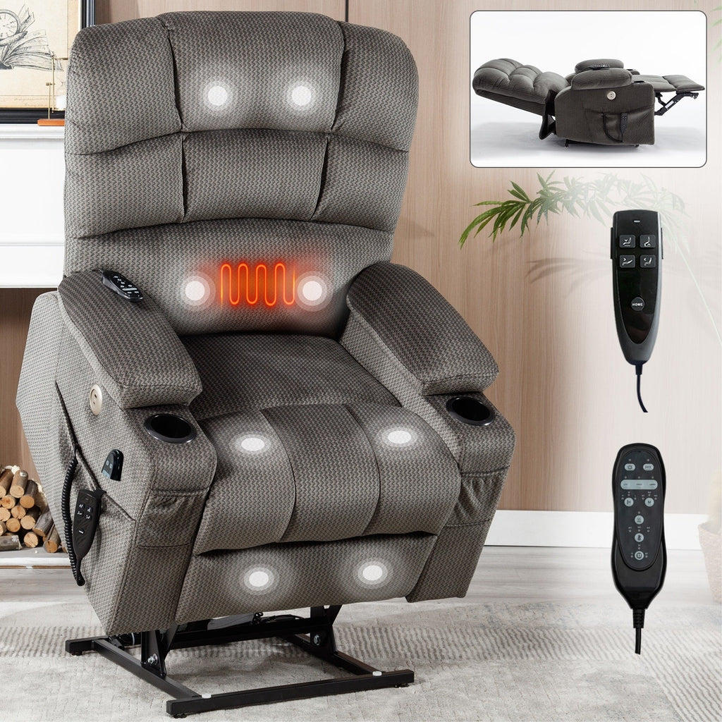 Fauteuil inclinable électrique à double moteur avec massage, chauffage lombaire, vibration à 8 points et deux porte-gobelets