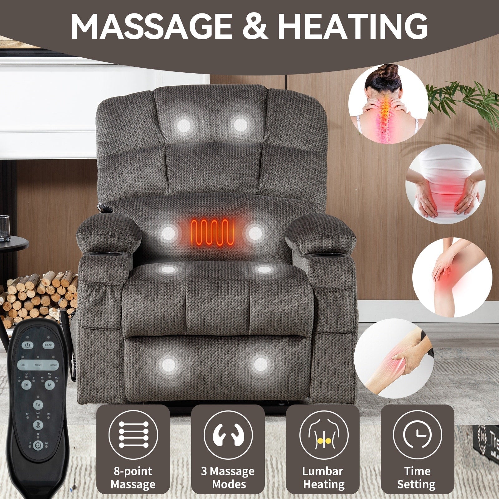 Fauteuil inclinable électrique à double moteur avec massage, chauffage lombaire, vibration à 8 points et deux porte-gobelets