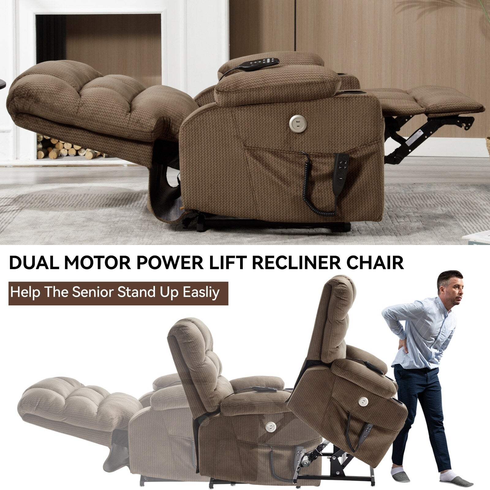 Fauteuil inclinable électrique à double moteur avec massage, chauffage lombaire, vibration à 8 points et deux porte-gobelets