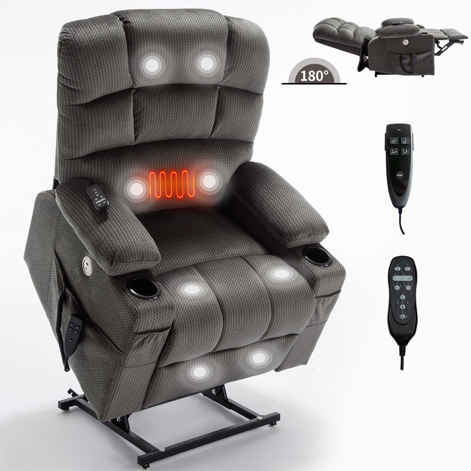 Fauteuil inclinable électrique à double moteur avec massage, chauffage lombaire, vibration à 8 points et deux porte-gobelets