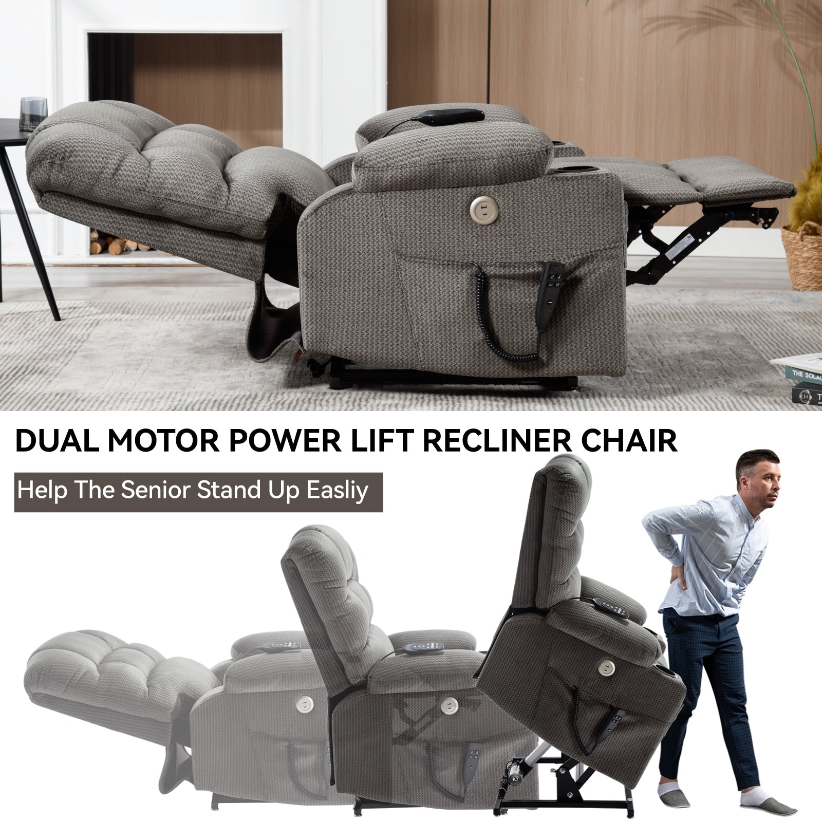 Fauteuil inclinable électrique à double moteur avec massage, chauffage lombaire, vibration à 8 points et deux porte-gobelets