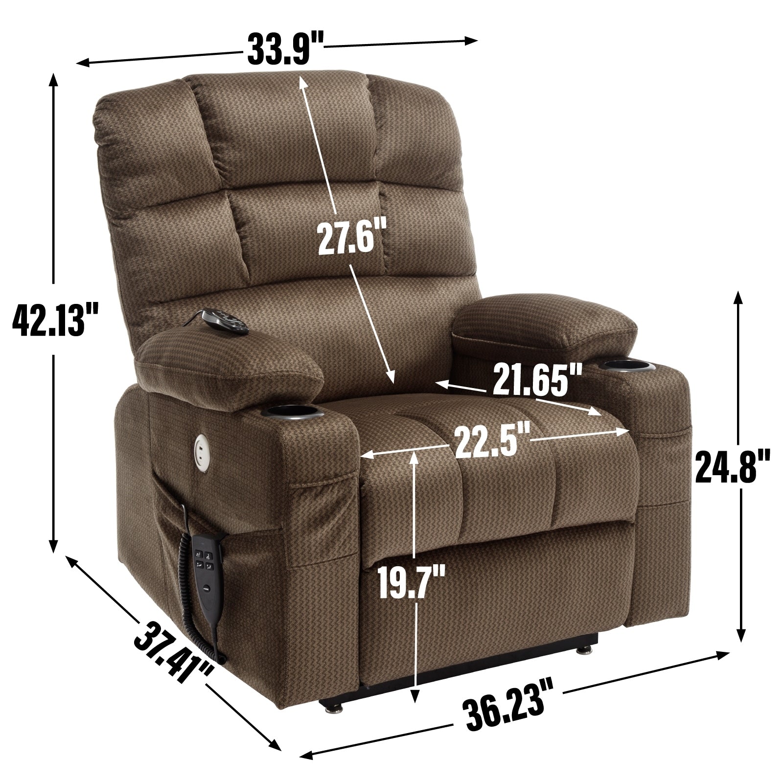Fauteuil inclinable électrique à double moteur avec massage, chauffage lombaire, vibration à 8 points et deux porte-gobelets