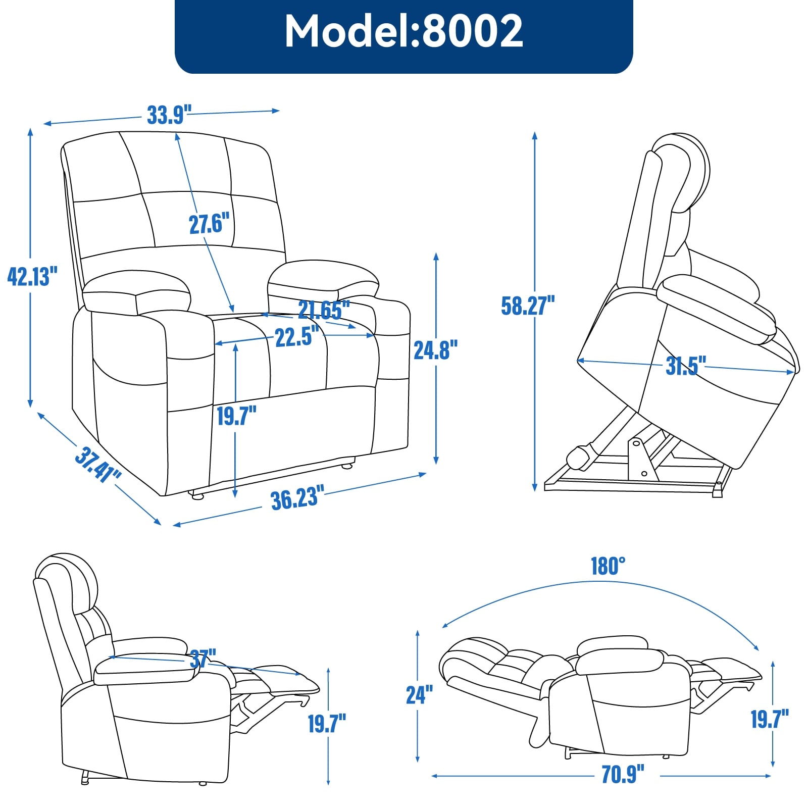 Fauteuil inclinable électrique à double moteur avec massage, chauffage lombaire, vibration à 8 points et deux porte-gobelets