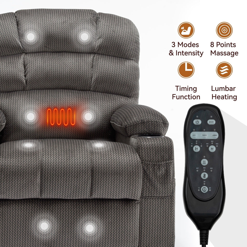 Fauteuil inclinable électrique à double moteur avec massage, chauffage lombaire, vibration à 8 points et deux porte-gobelets