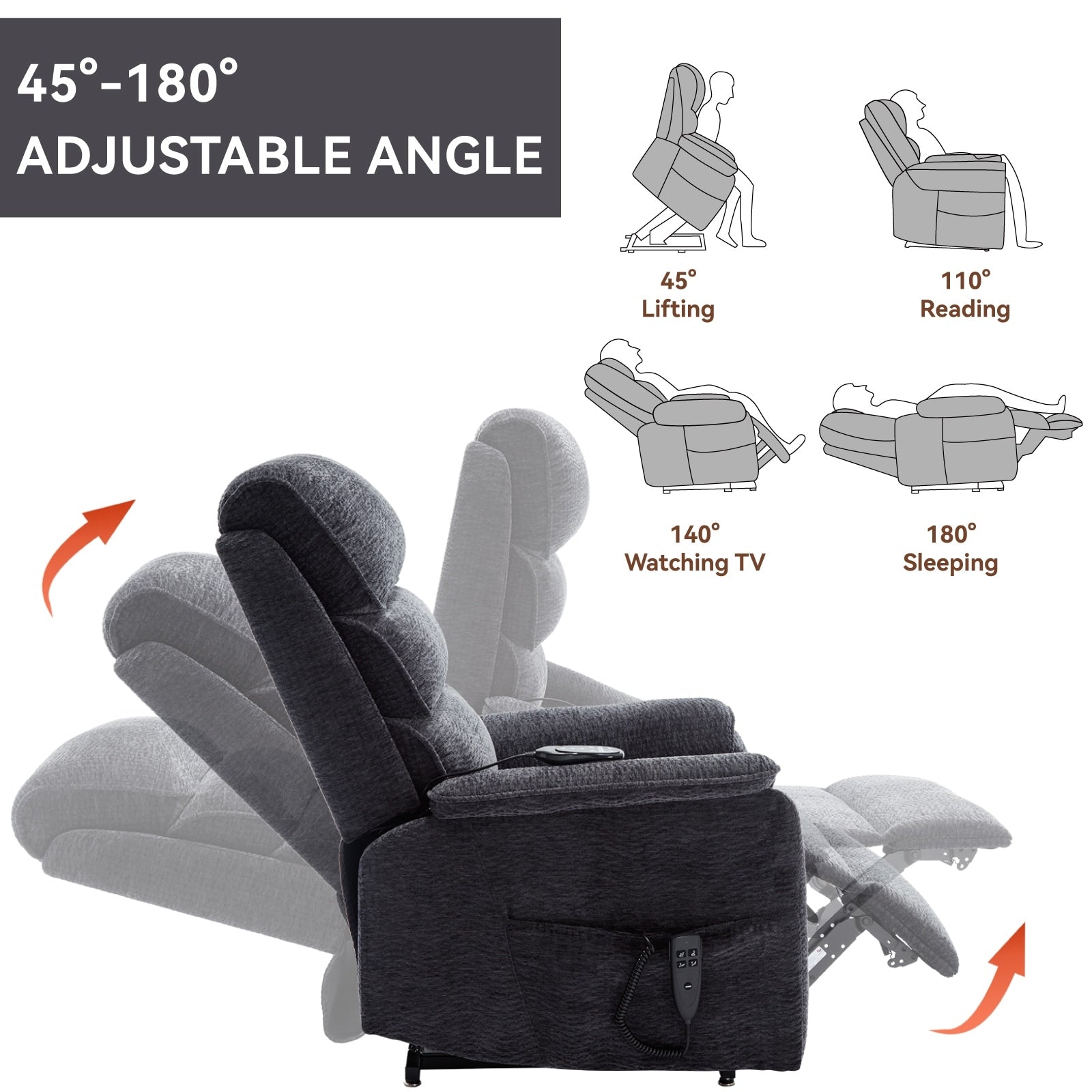 Fauteuil inclinable électrique à double moteur, avec chauffage et massage, capacité de 158 kg, positions infinies, télécommande électrique, poches latérales