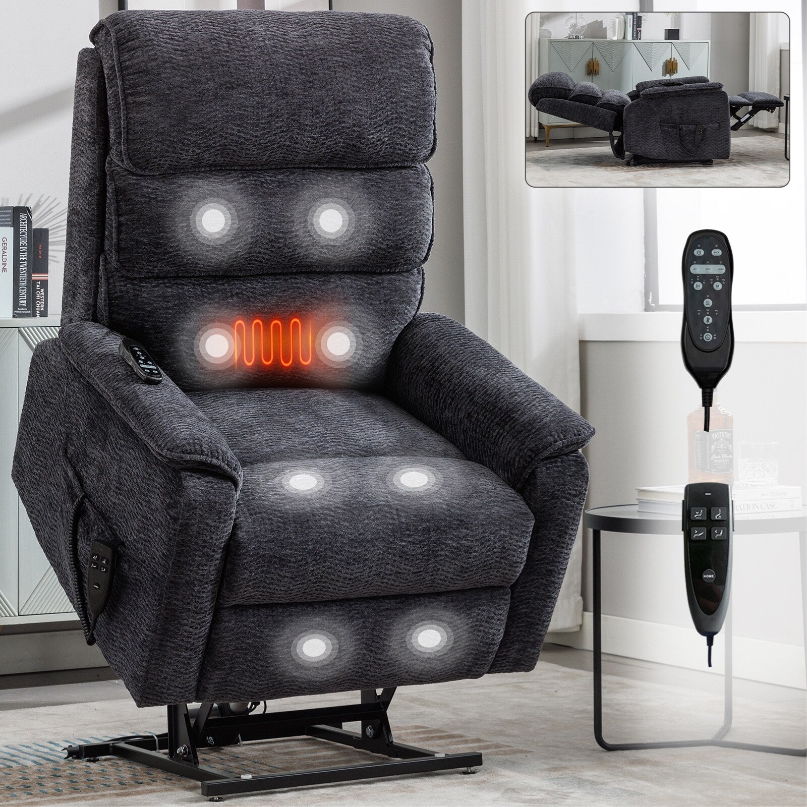 Fauteuil inclinable électrique à double moteur, avec chauffage et massage, capacité de 158 kg, positions infinies, télécommande électrique, poches latérales