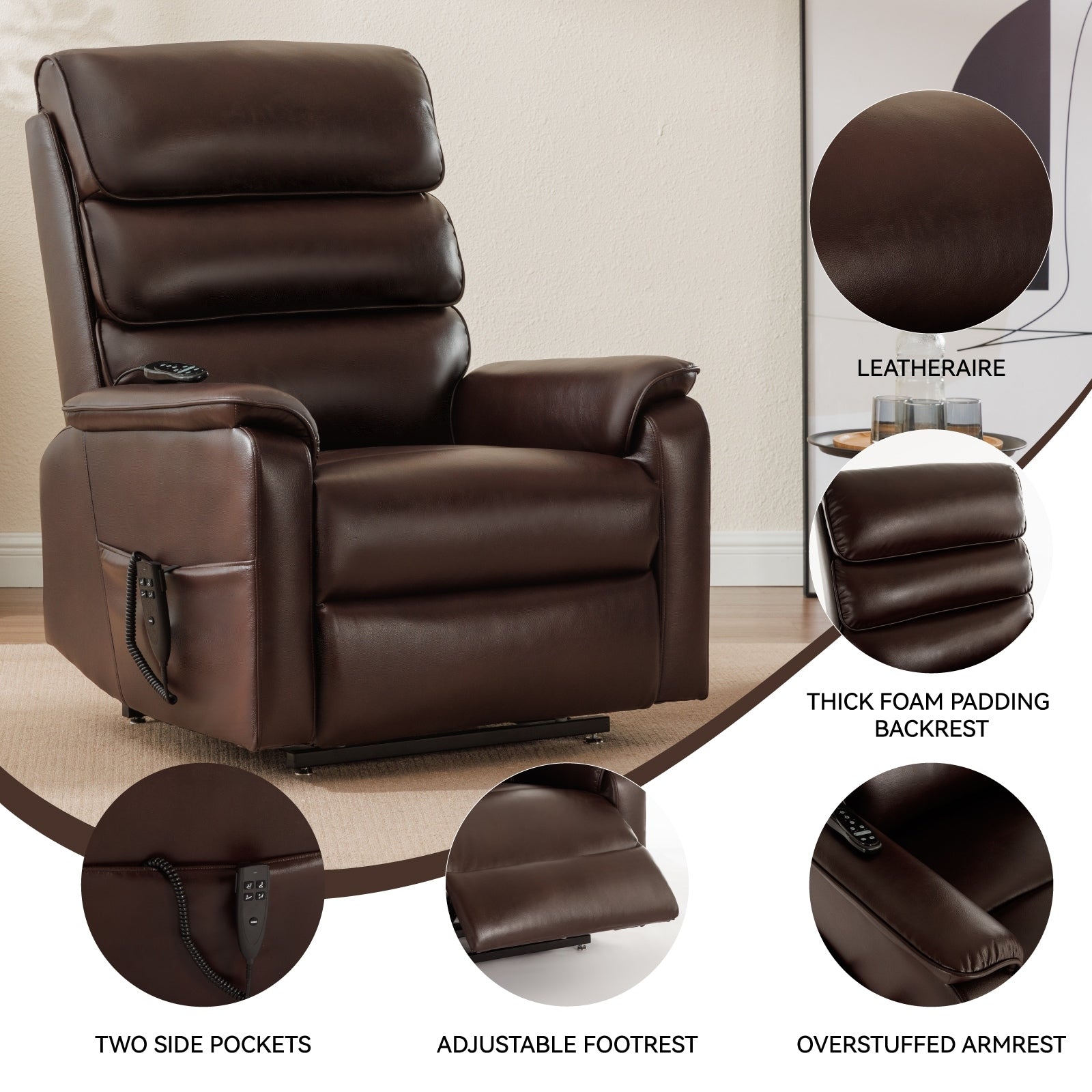 Fauteuil inclinable électrique à double moteur, avec chauffage et massage, capacité de 158 kg, positions infinies, télécommande électrique, poches latérales