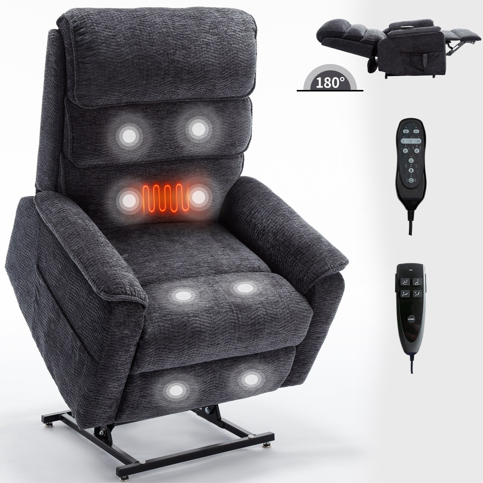 Fauteuil inclinable électrique à double moteur, avec chauffage et massage, capacité de 158 kg, positions infinies, télécommande électrique, poches latérales