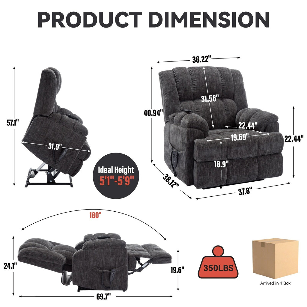 Fauteuil inclinable à double moteur avec relevage électrique et massage thermique, 158 kg, robuste