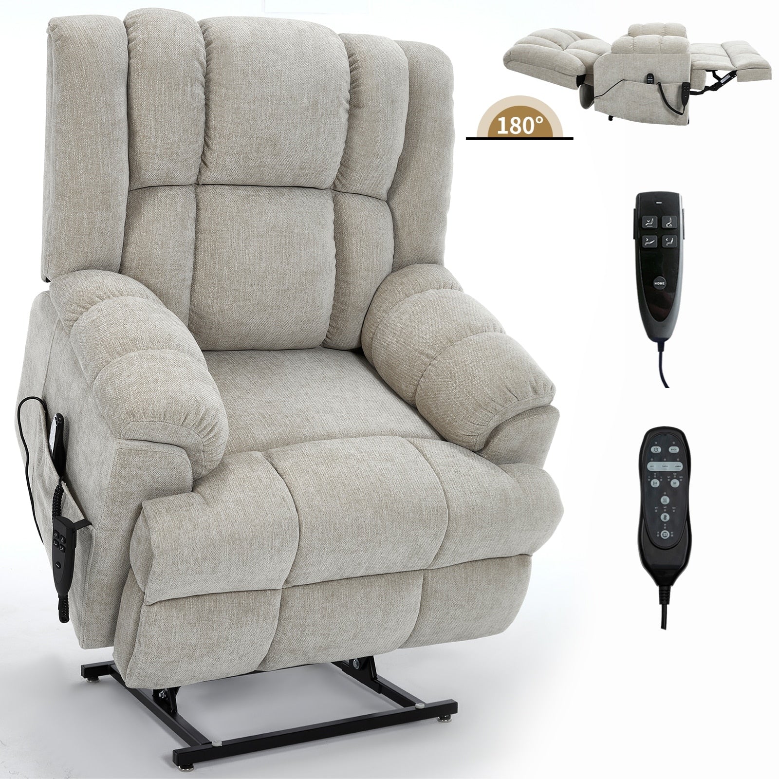 Fauteuil inclinable à double moteur avec relevage électrique et massage thermique, 158 kg, robuste