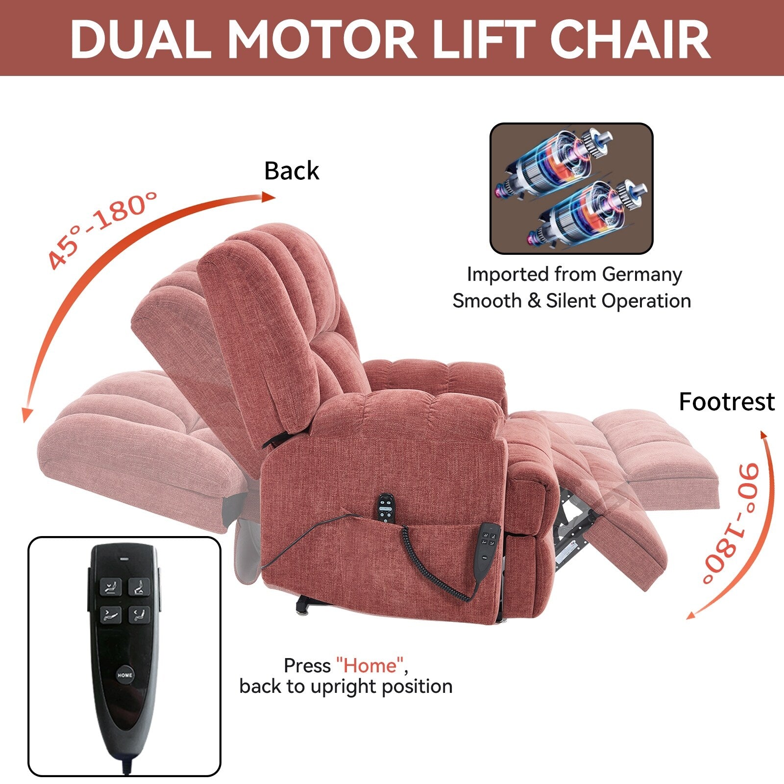 Fauteuil inclinable à double moteur avec relevage électrique et massage thermique, 158 kg, robuste