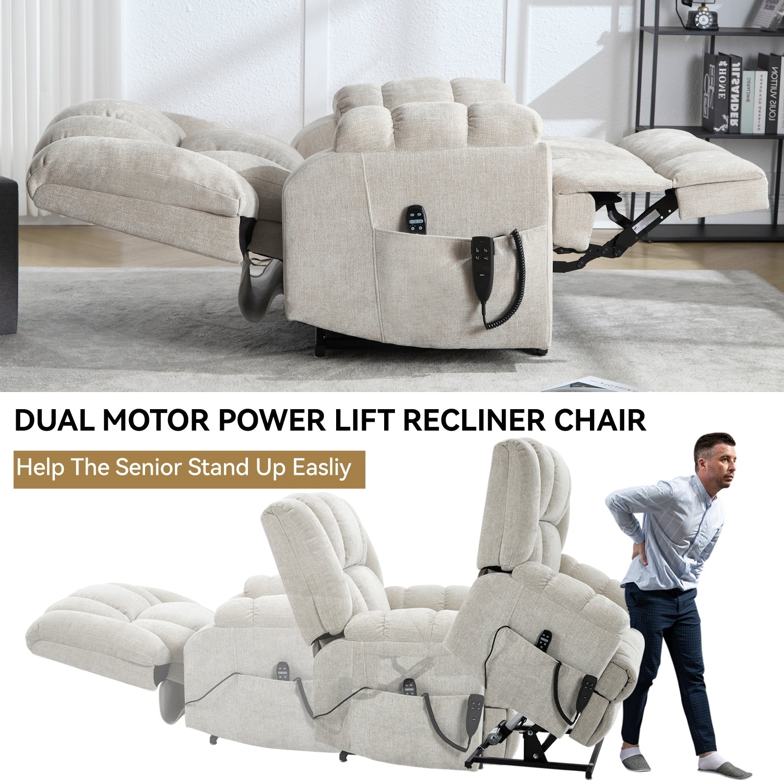 Fauteuil inclinable à double moteur avec relevage électrique et massage thermique, 158 kg, robuste