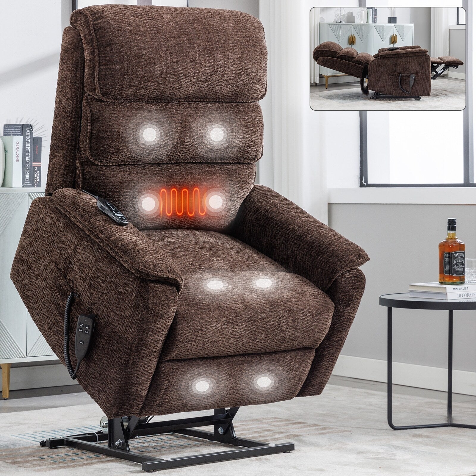 Fauteuil inclinable électrique à double moteur, fauteuil rembourré, canapé de massage chauffant avec minuterie, poches latérales et télécommande