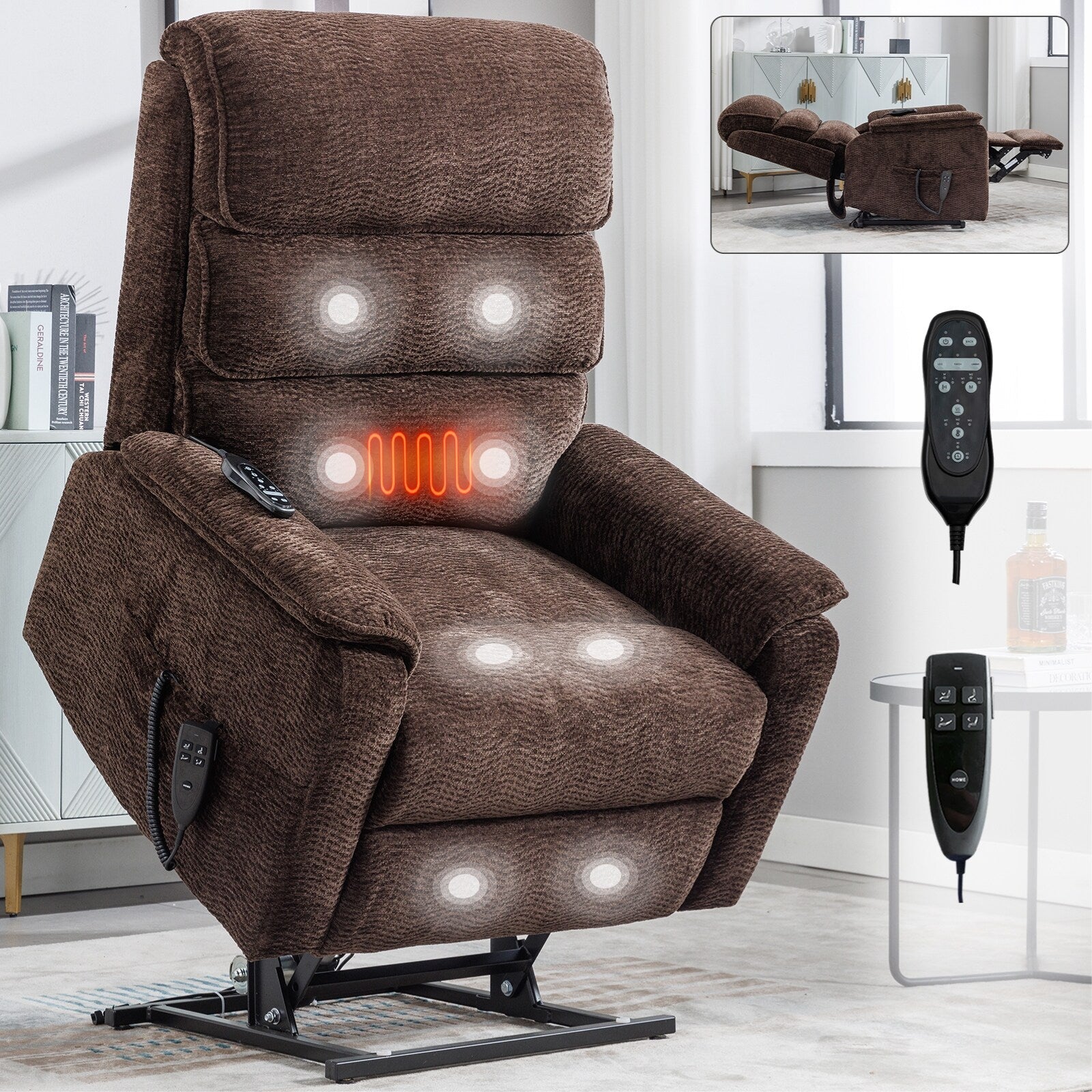 Fauteuil inclinable électrique à double moteur, fauteuil rembourré, canapé de massage chauffant avec minuterie, poches latérales et télécommande
