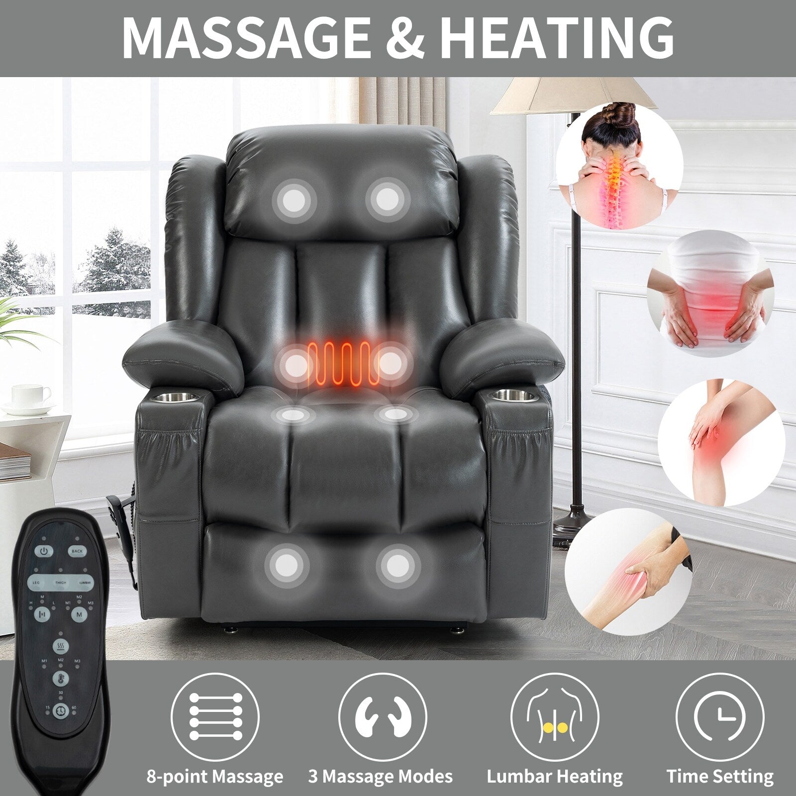 Fauteuil inclinable électrique à double moteur avec massage en 8 points, chauffage lombaire, porte-gobelets en acier inoxydable et poches de rangement