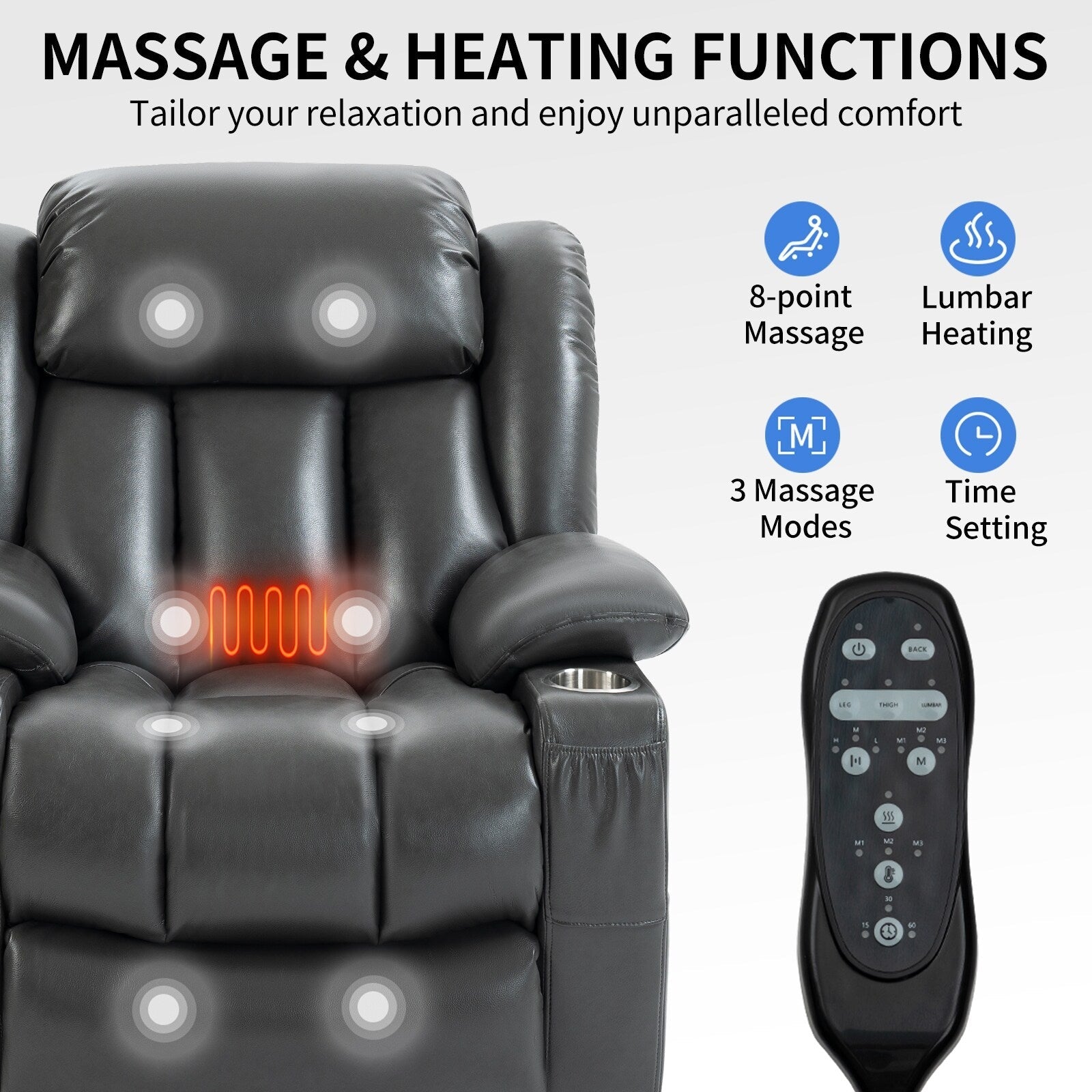 Fauteuil inclinable électrique à double moteur avec massage en 8 points, chauffage lombaire, porte-gobelets en acier inoxydable et poches latérales