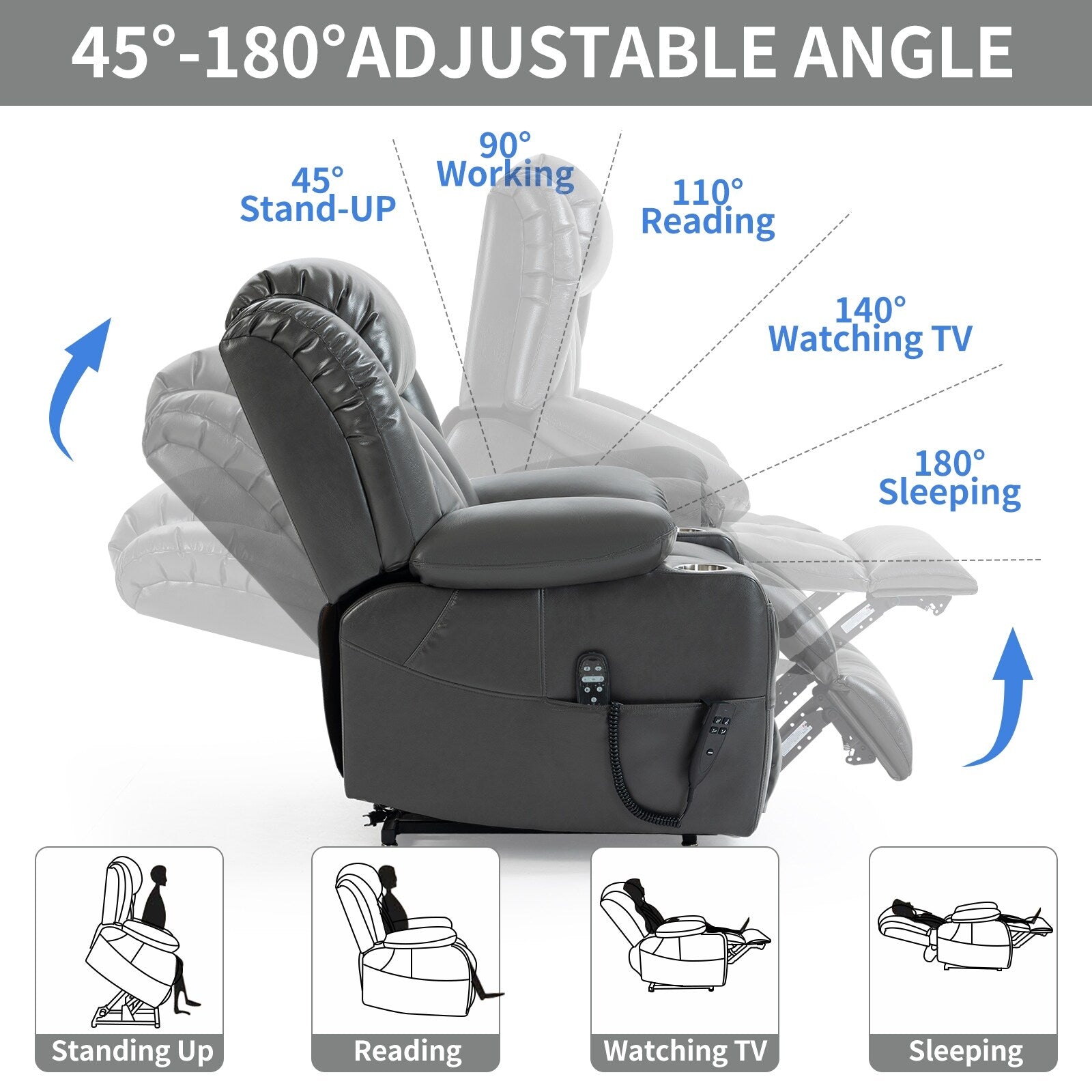 Fauteuil inclinable électrique à double moteur avec massage en 8 points, chauffage lombaire, porte-gobelets en acier inoxydable et poches latérales