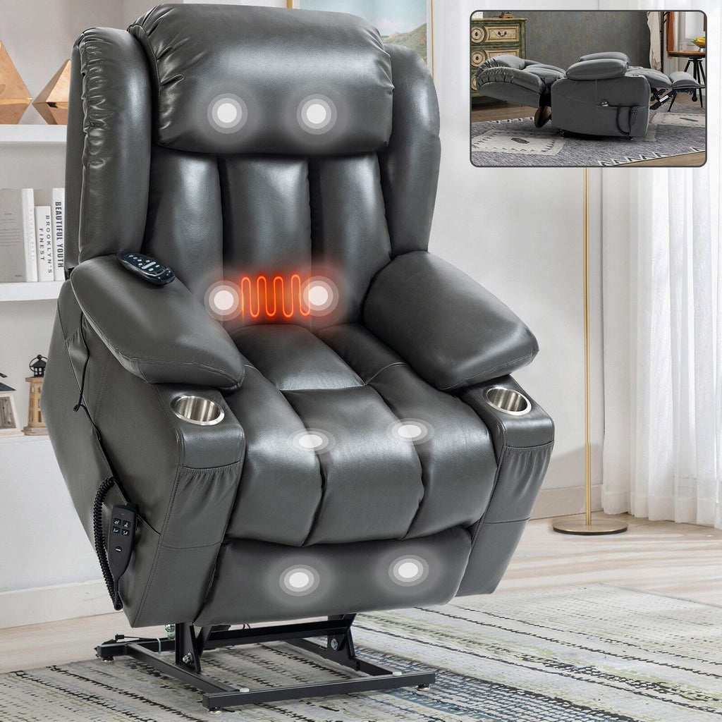 Fauteuil inclinable électrique à double moteur avec massage en 8 points, chauffage lombaire, porte-gobelets en acier inoxydable et poches latérales