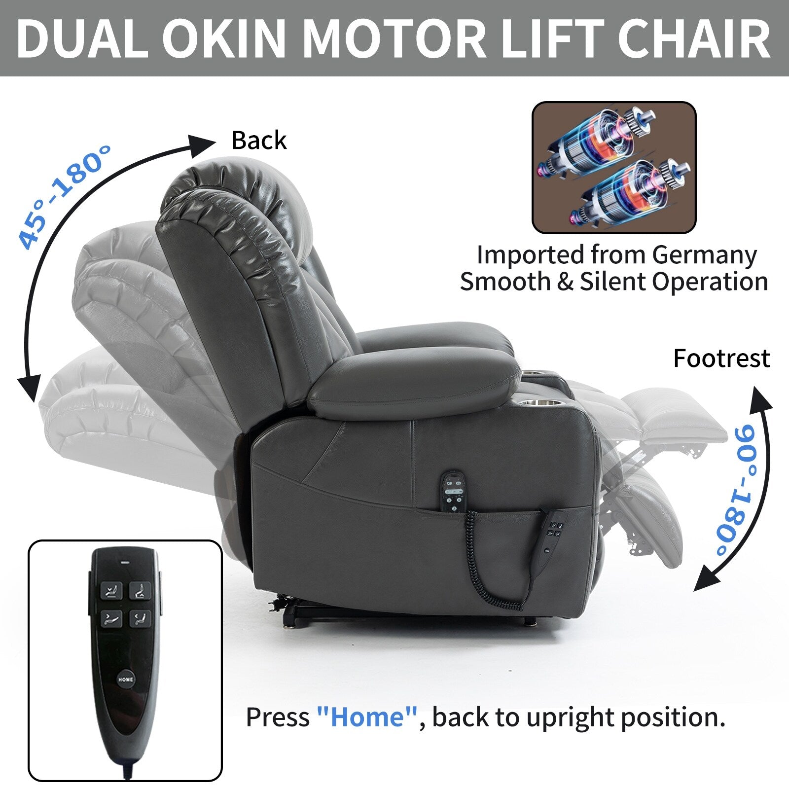 Fauteuil inclinable électrique à double moteur avec massage en 8 points, chauffage lombaire, porte-gobelets en acier inoxydable et poches latérales