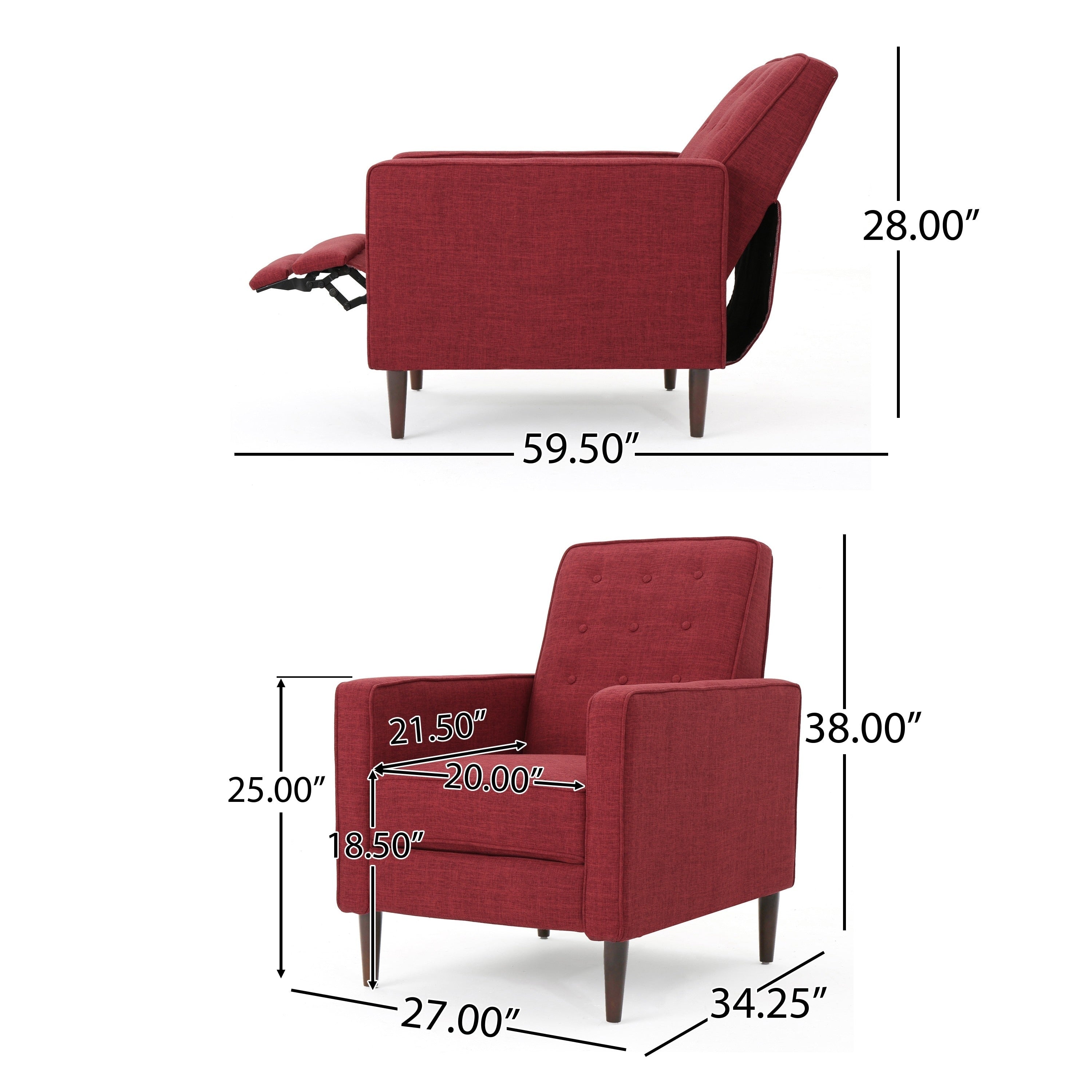 Fauteuil inclinable manuel Dupe, capitonné, polyester rouge