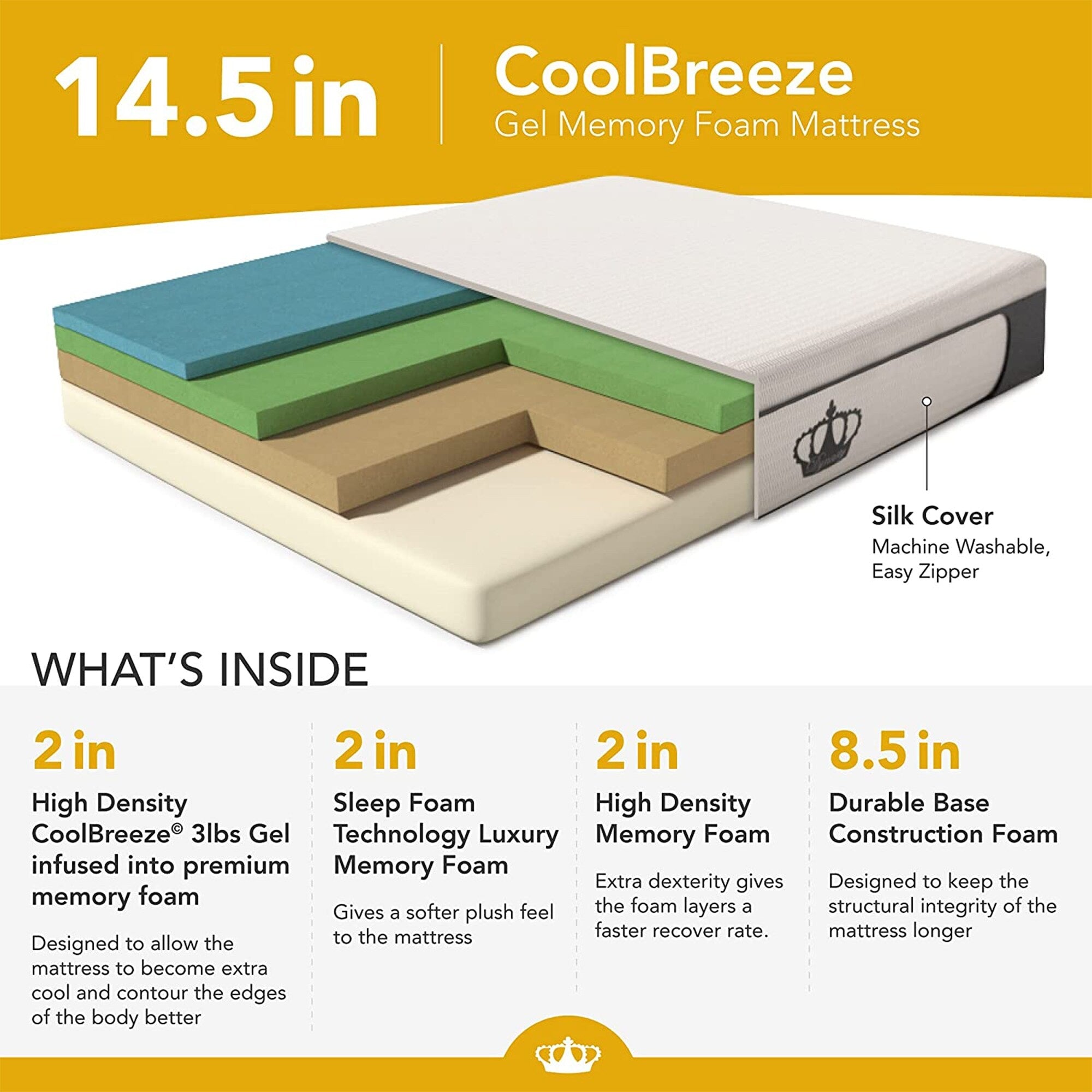 Matelas Dynasty 14,5 pouces CoolBreeze Gel Memory Plush Queen Size Matelas en mousse