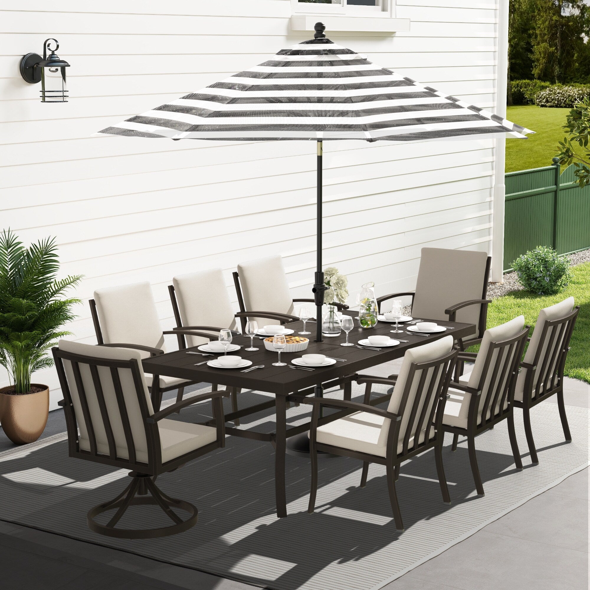 Ensemble de salle à manger de patio en aluminium EGEIROS LIFE AluLux 9 pièces avec 2 chaises pivotantes, 6 chaises et coussins lavables