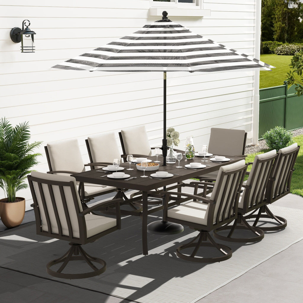 Ensemble de salle à manger de patio en aluminium EGEIROS LIFE AluLux 9 pièces avec 8 chaises pivotantes et coussins lavables