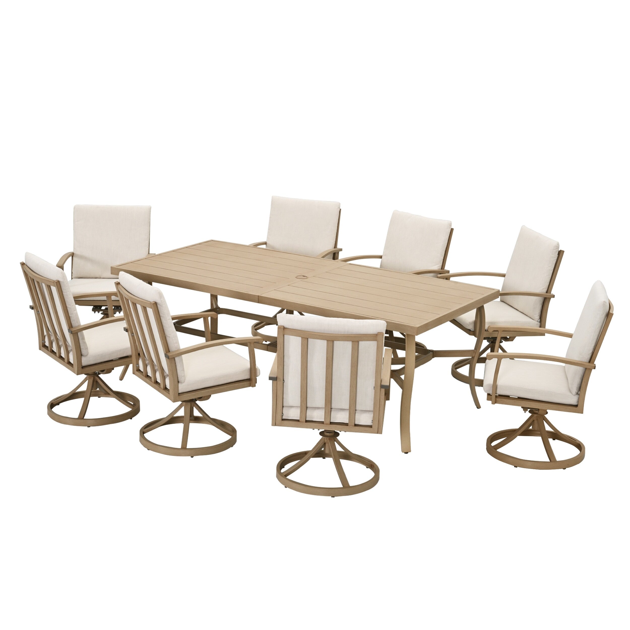 Ensemble de salle à manger de patio en aluminium EGEIROS LIFE AluLux 9 pièces avec 8 chaises pivotantes et coussins lavables