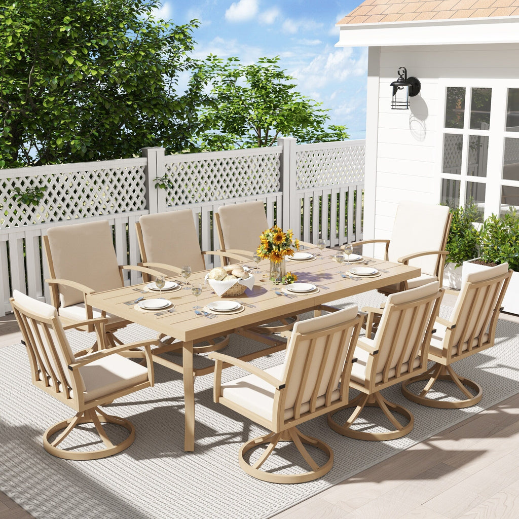Ensemble de salle à manger de patio en aluminium EGEIROS LIFE AluLux 9 pièces avec 8 chaises pivotantes et coussins lavables