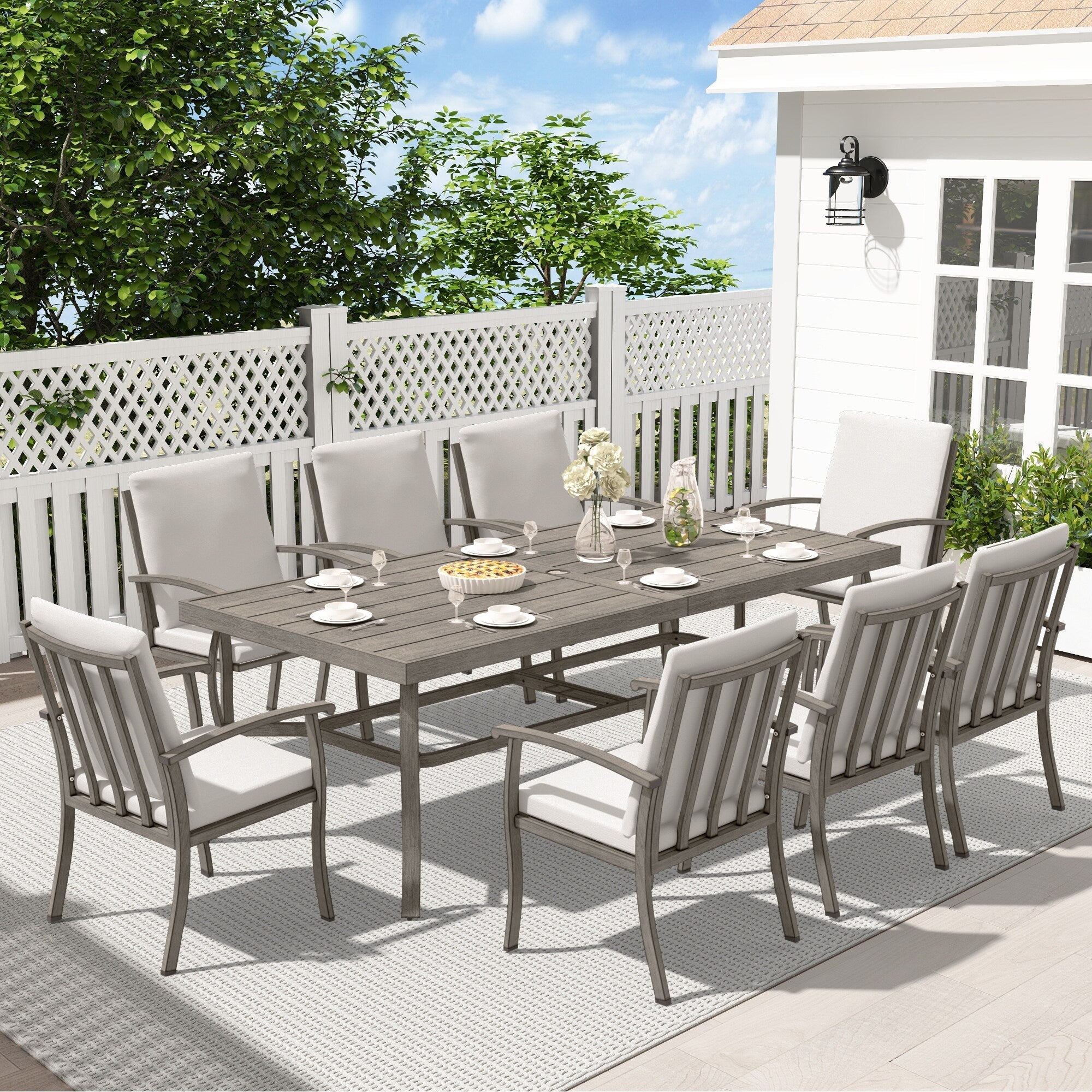 Ensemble de salle à manger de patio en aluminium EGEIROS LIFE AluLux 9 pièces avec coussins lavables