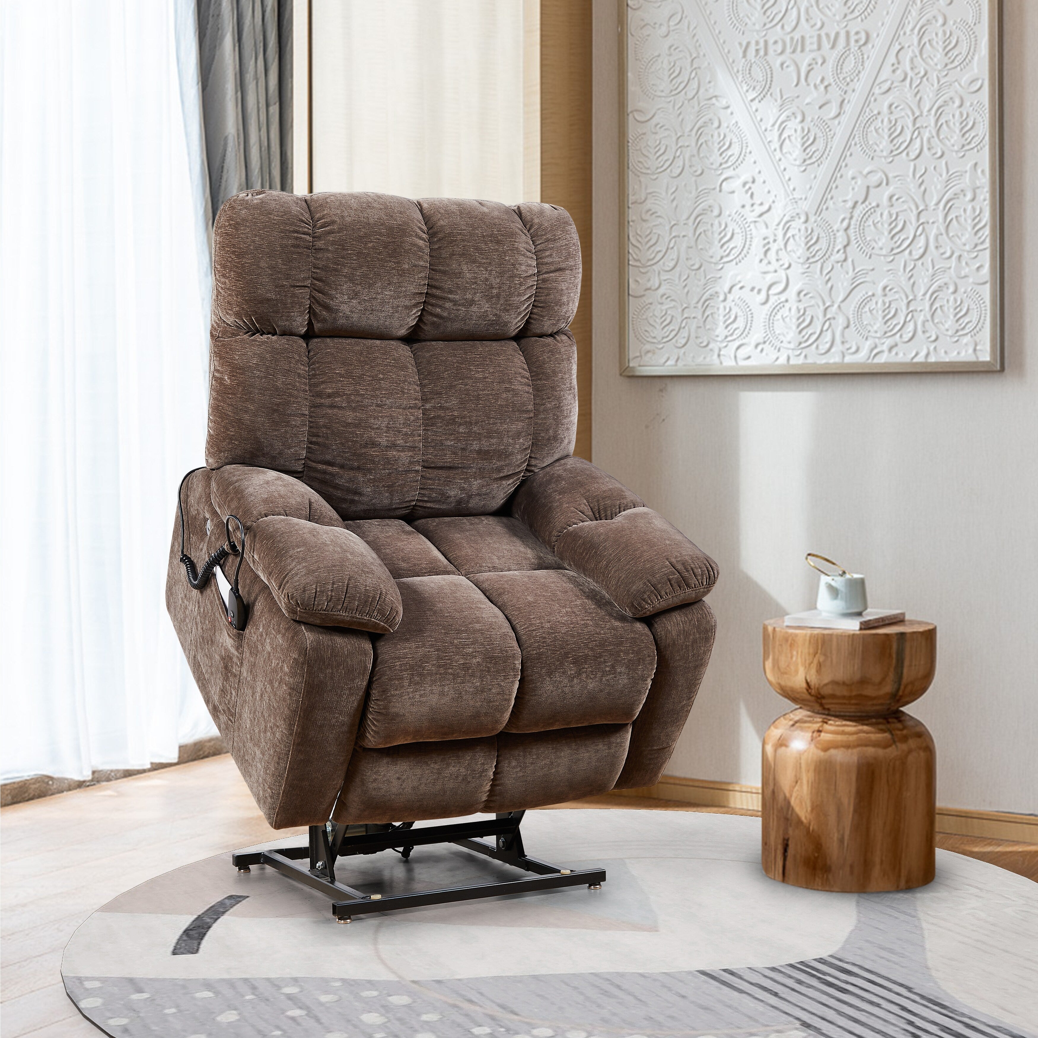 Fauteuil inclinable releveur EPower avec deux moteurs OKIN, inclinaison infinie, massage par airbag, chauffage, ports USB, 2 poches latérales