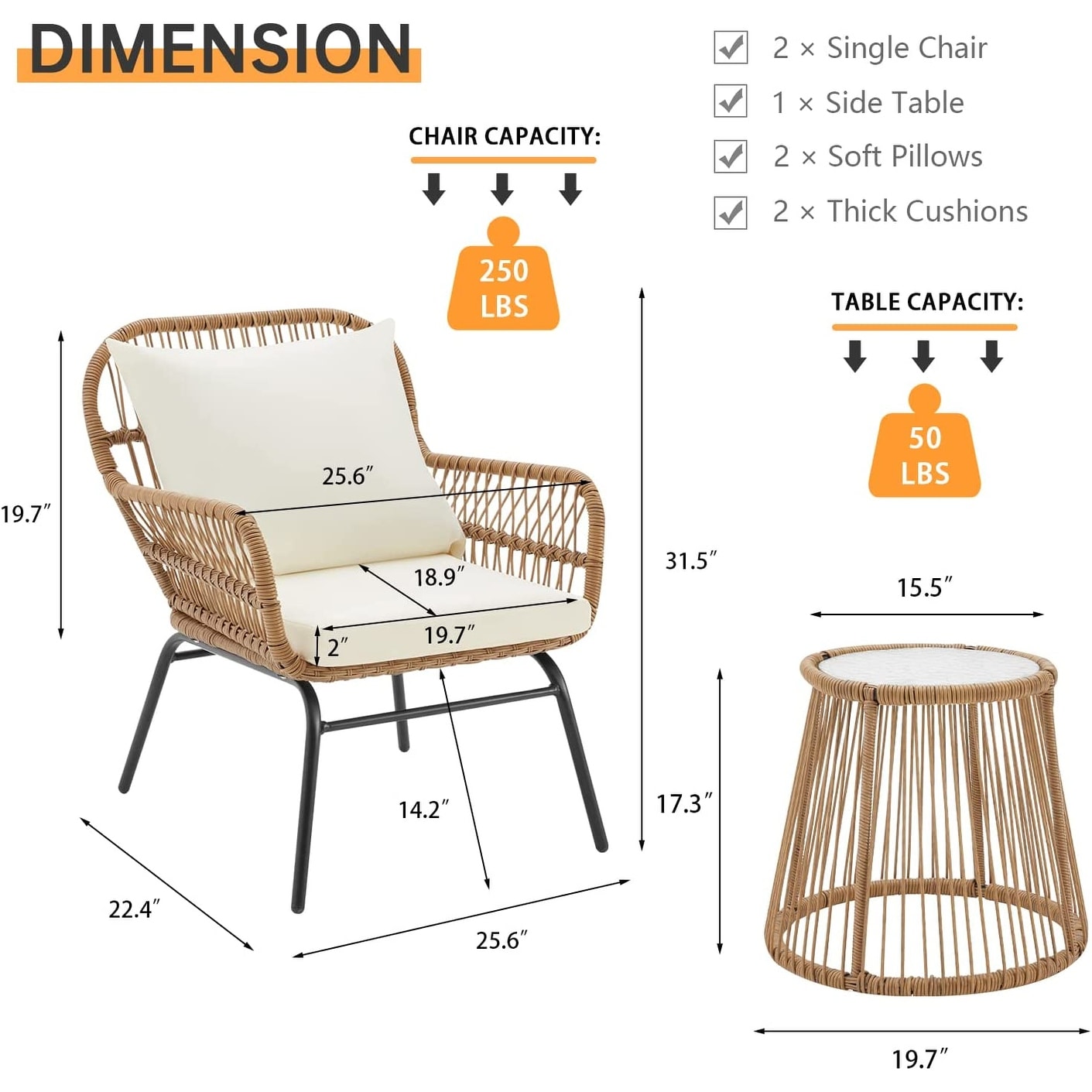 Ensemble de salon de jardin 3 pièces EROMMY avec table en verre, 2 fauteuils et coussins d'assise