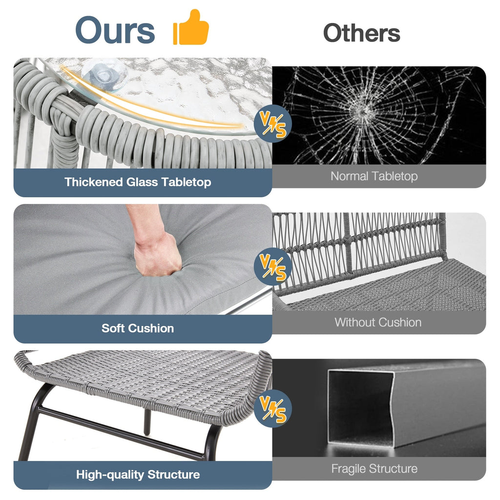 Ensemble de salon de jardin 3 pièces EROMMY avec table en verre, 2 fauteuils et coussins d'assise